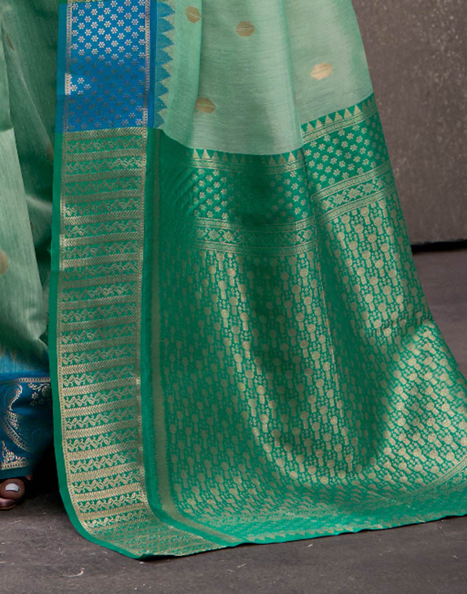 Mint Green Cotton Woven Banarasi Saree - Image 6