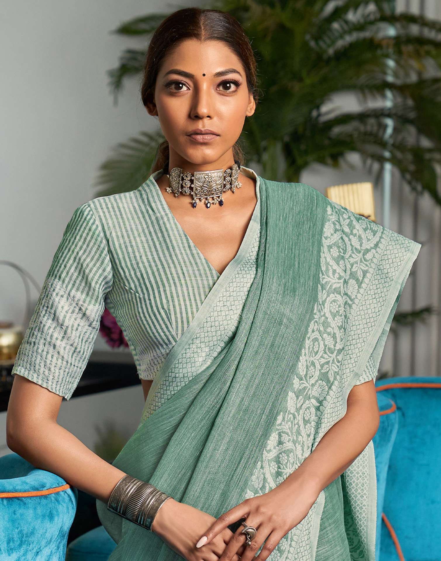 Mint Green Cotton Woven Saree - Image 4