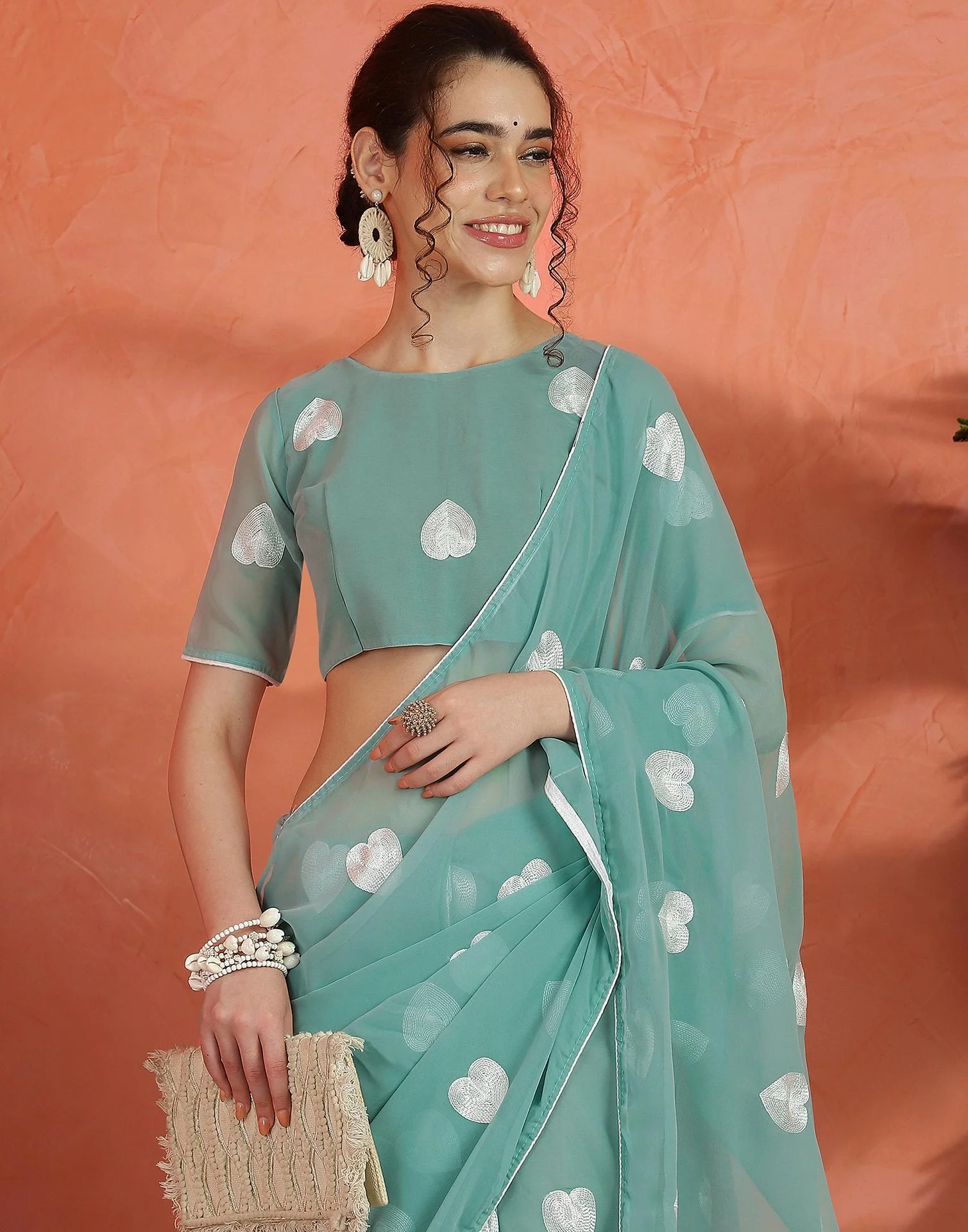 Mint Green Georgette Embroidery Saree - Image 2
