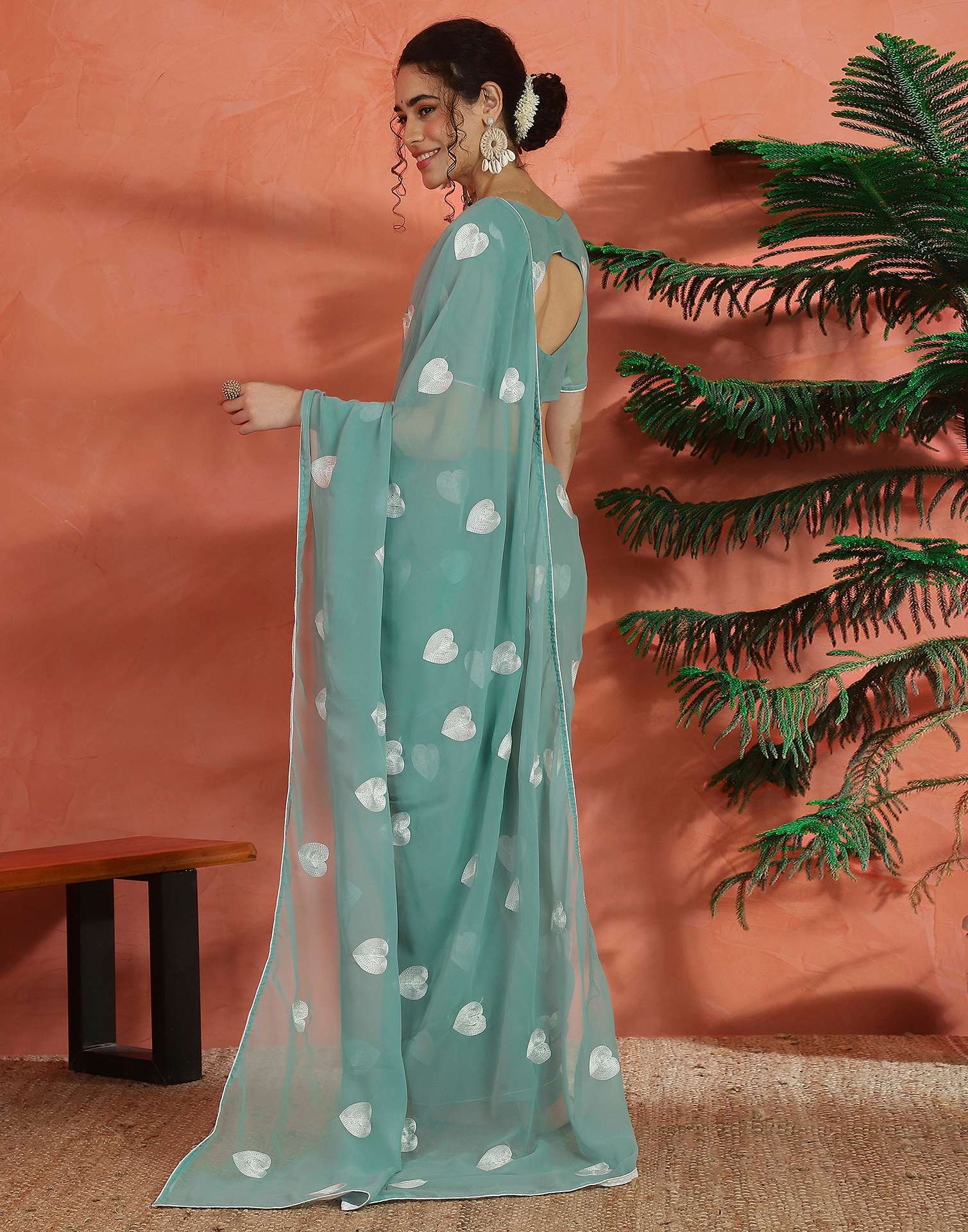 Mint Green Georgette Embroidery Saree - Image 7
