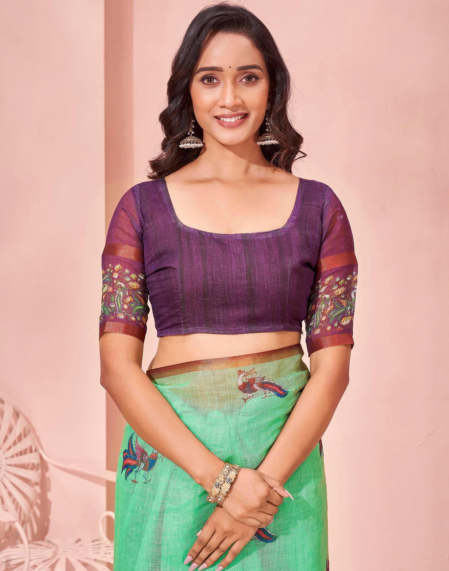Mint Green Linen Printed Kalamkari Saree - Image 12
