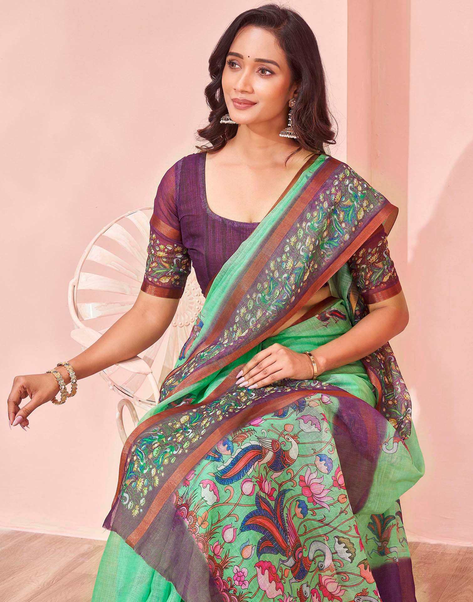 Mint Green Linen Printed Kalamkari Saree - Image 2