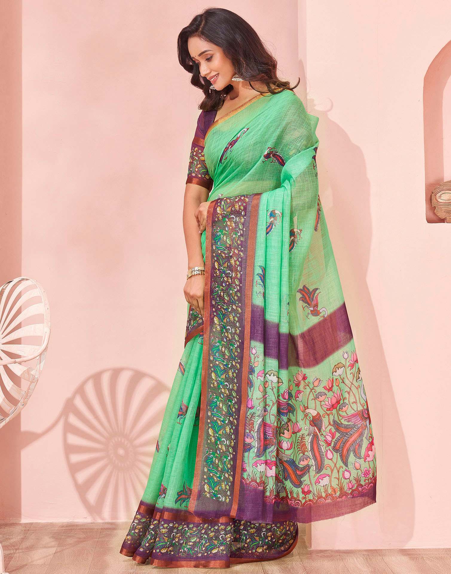Mint Green Linen Printed Kalamkari Saree - Image 4