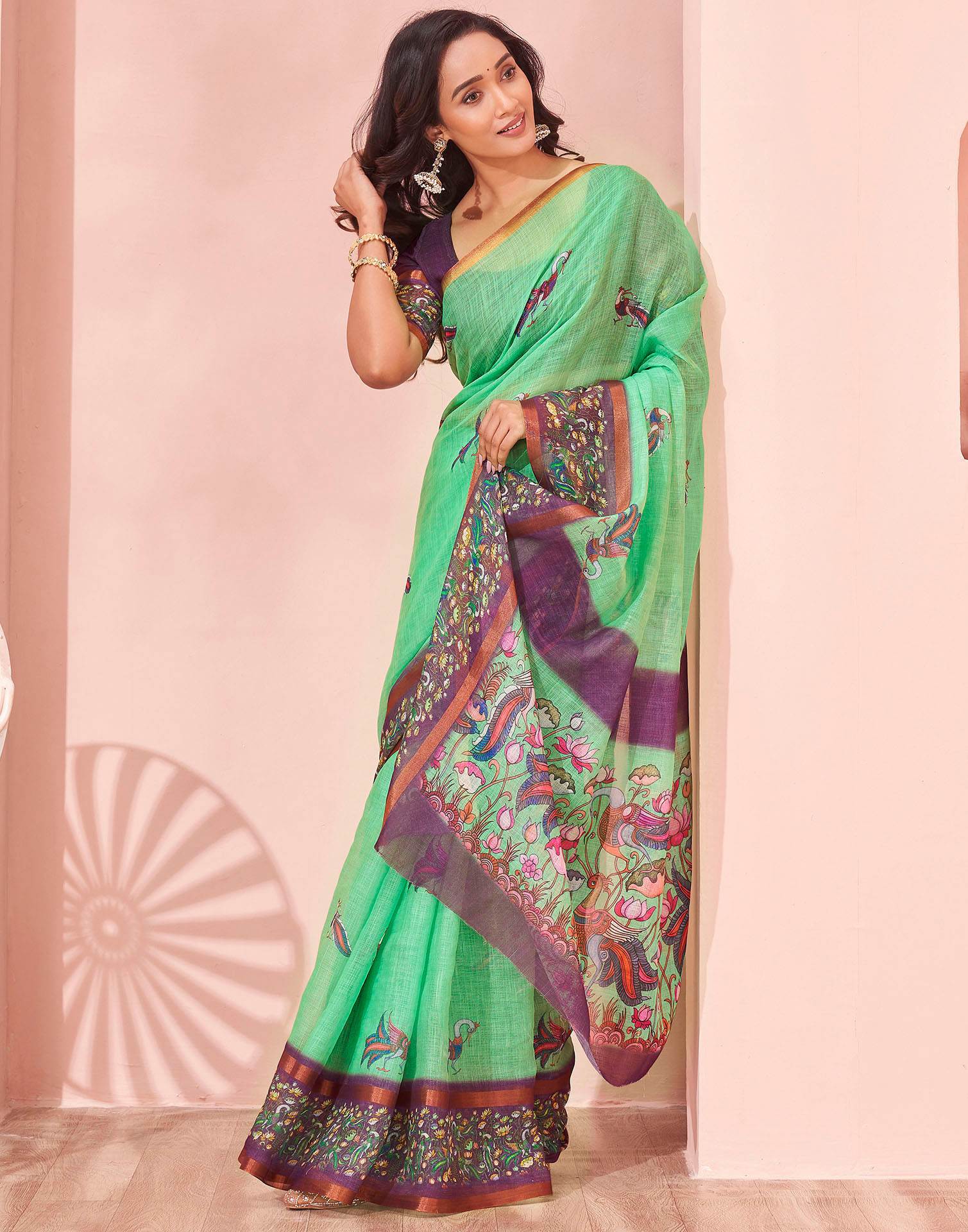 Mint Green Linen Printed Kalamkari Saree - Image 5