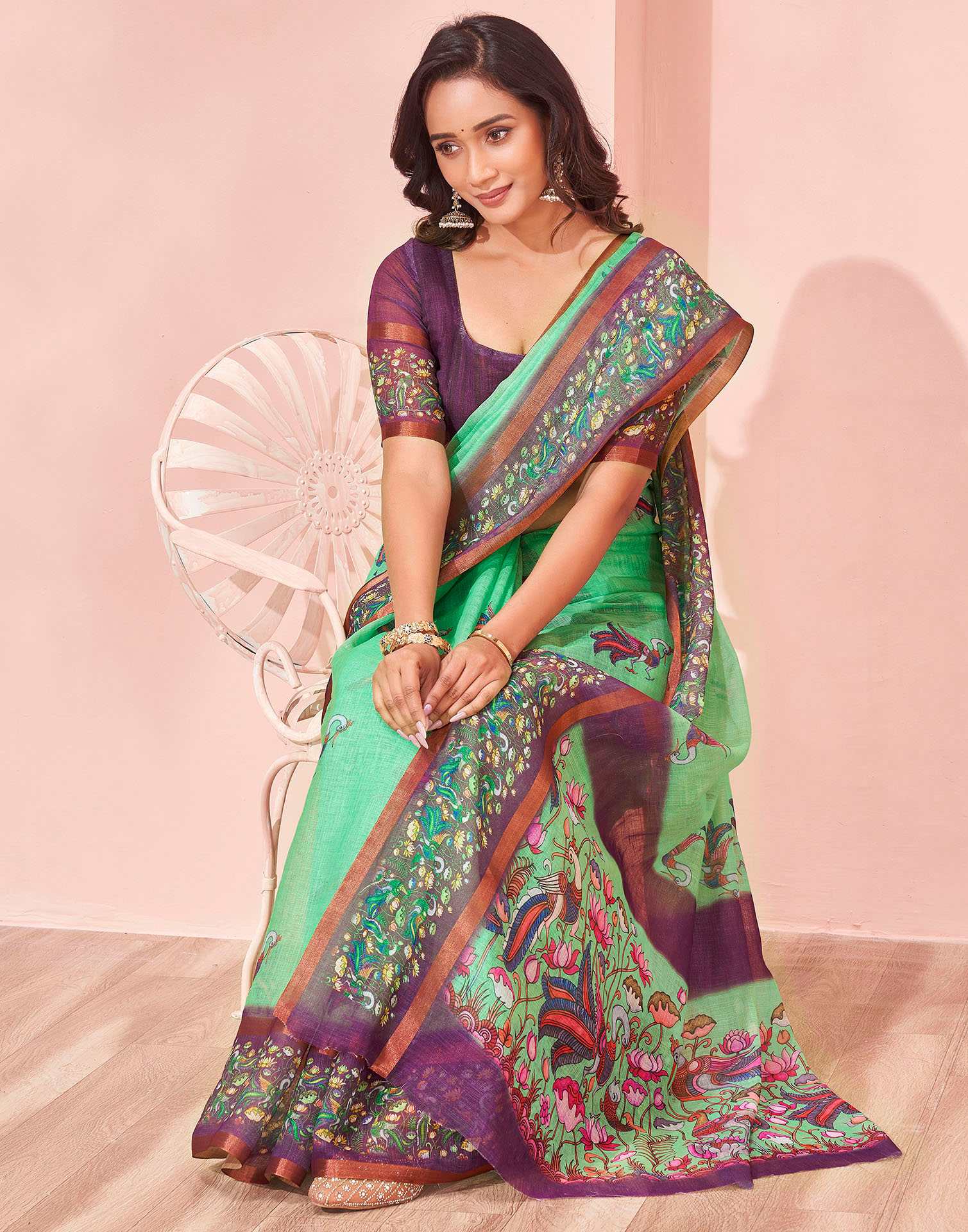 Mint Green Linen Printed Kalamkari Saree - Image 7