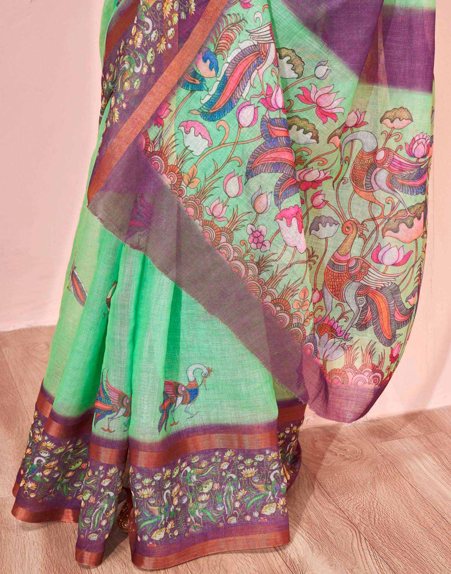 Mint Green Linen Printed Kalamkari Saree - Image 9