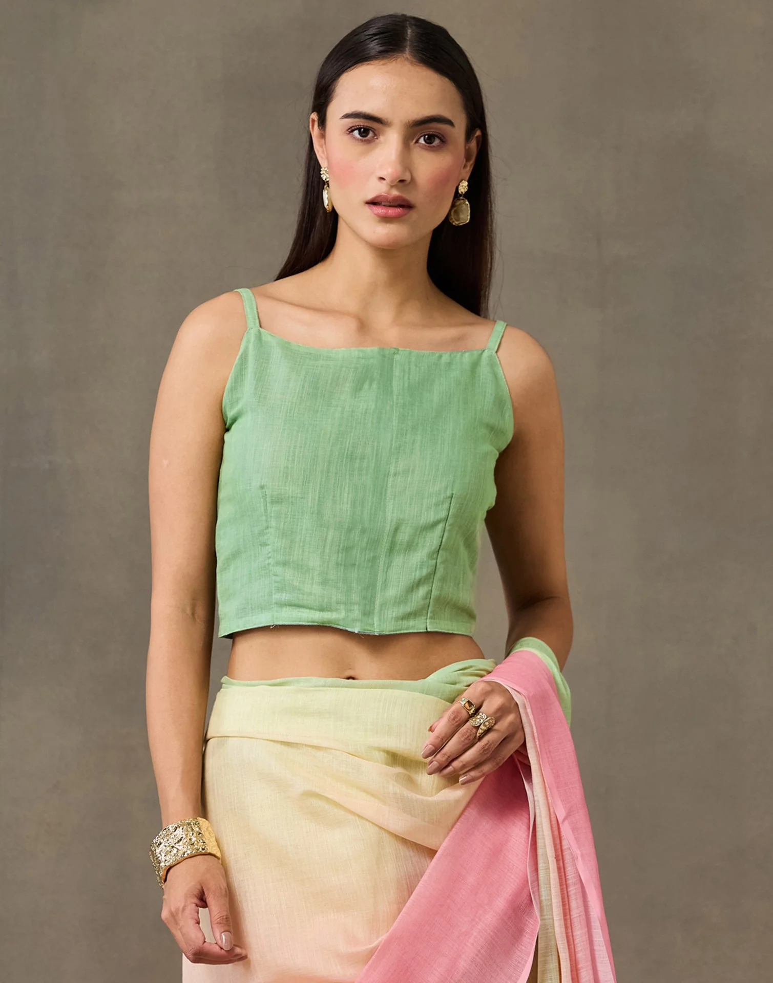 Mint Green Linen Printed Saree - Image 10