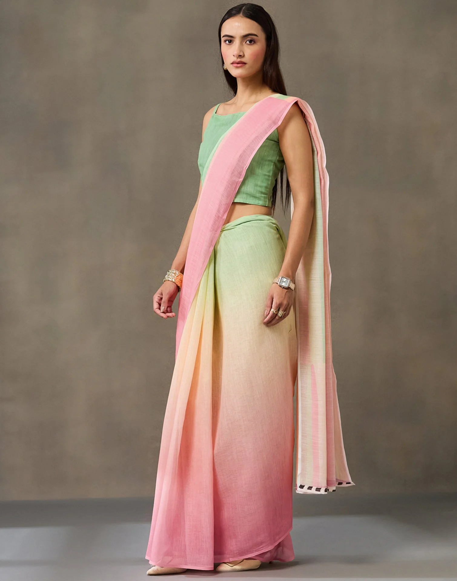 Mint Green Linen Printed Saree - Image 4