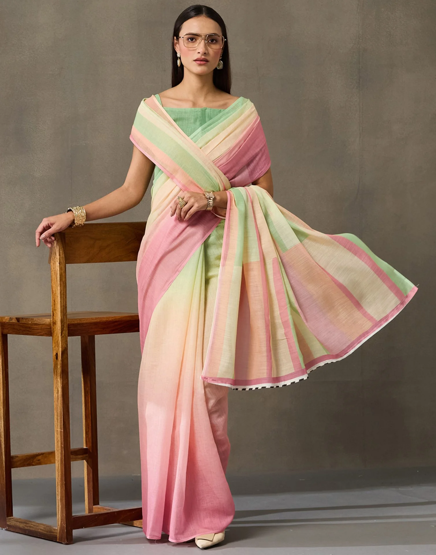 Mint Green Linen Printed Saree - Image 7