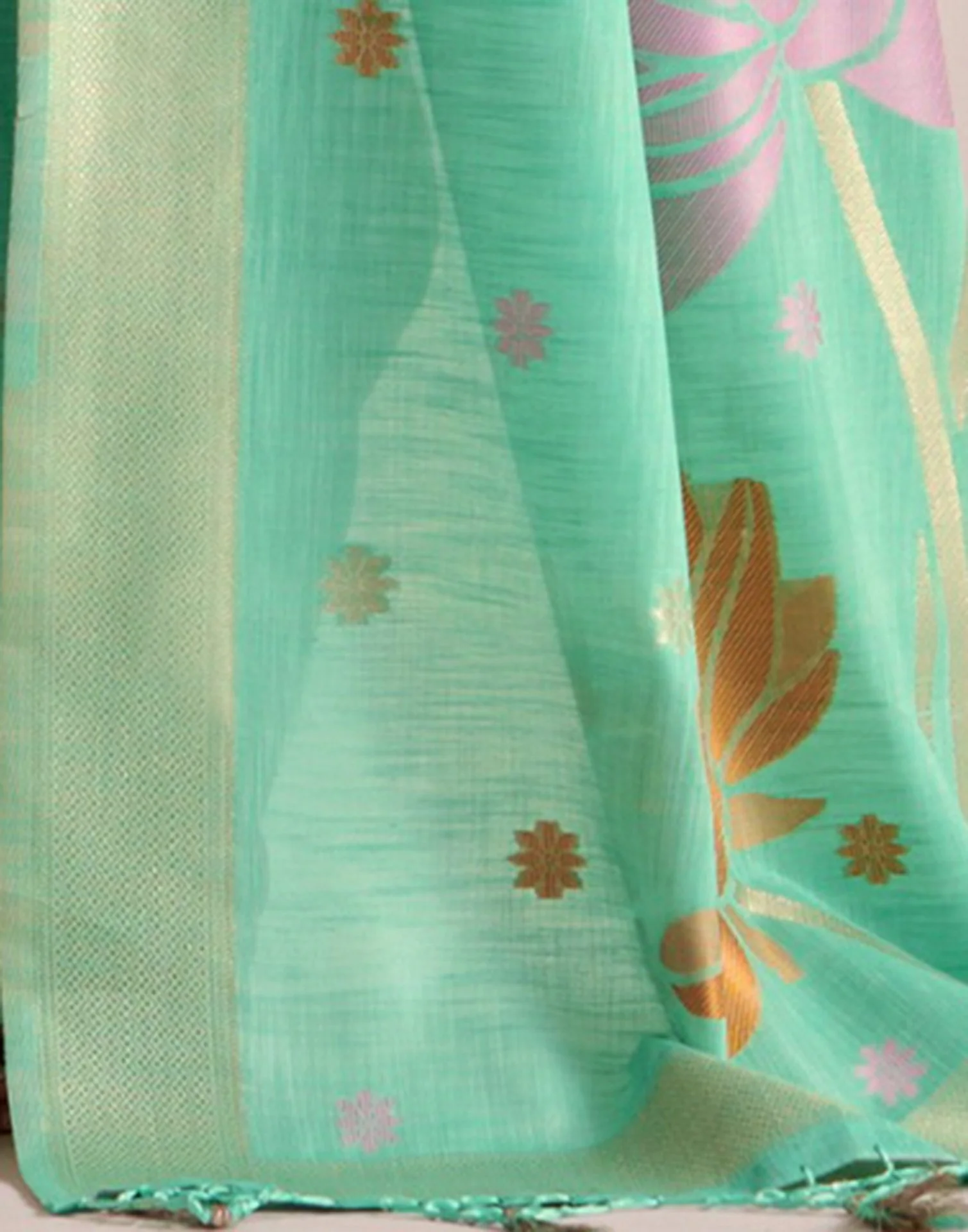 Mint Green Linen Woven Saree - Image 6