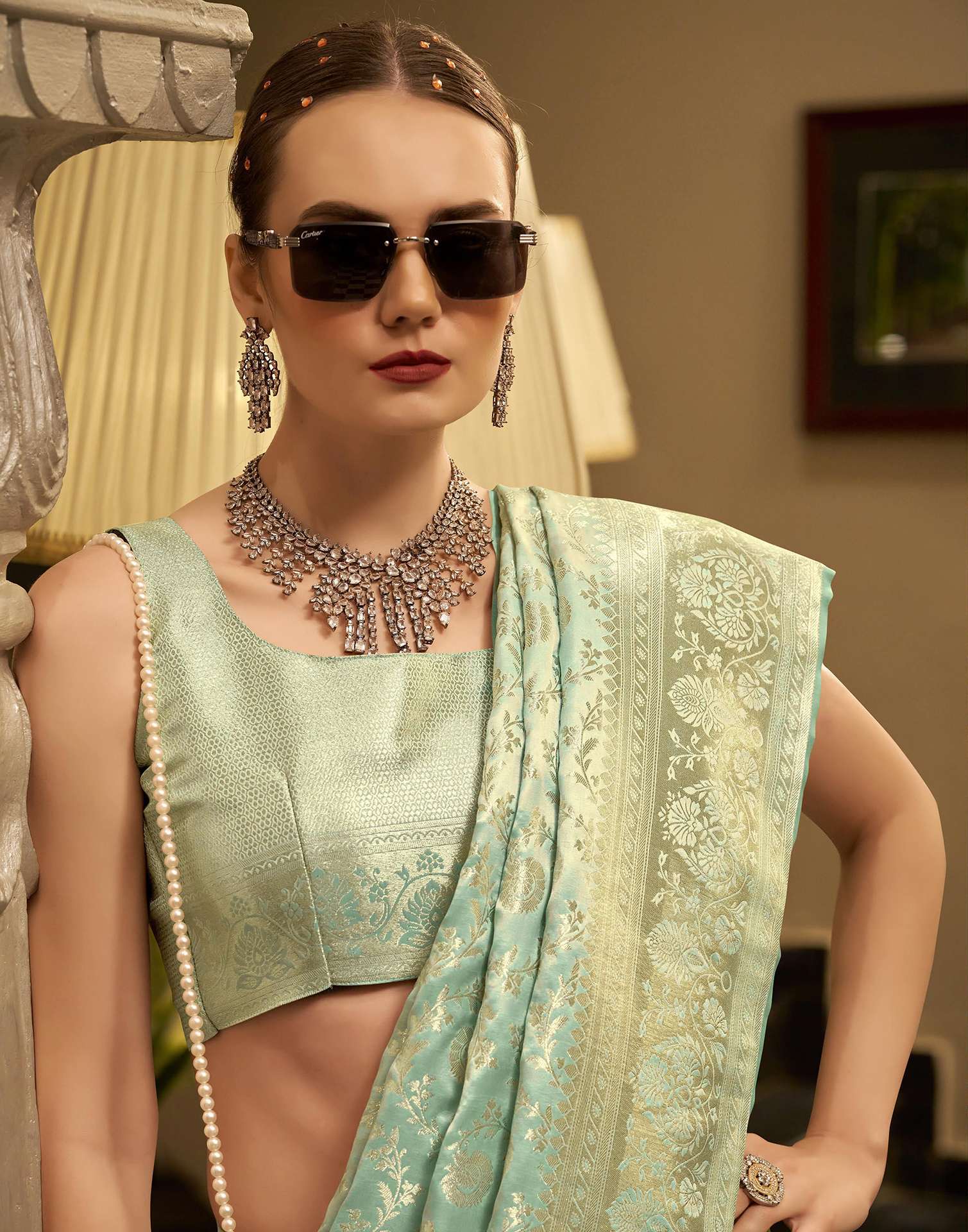 Mint Green Satin Woven Banarasi Saree - Image 2