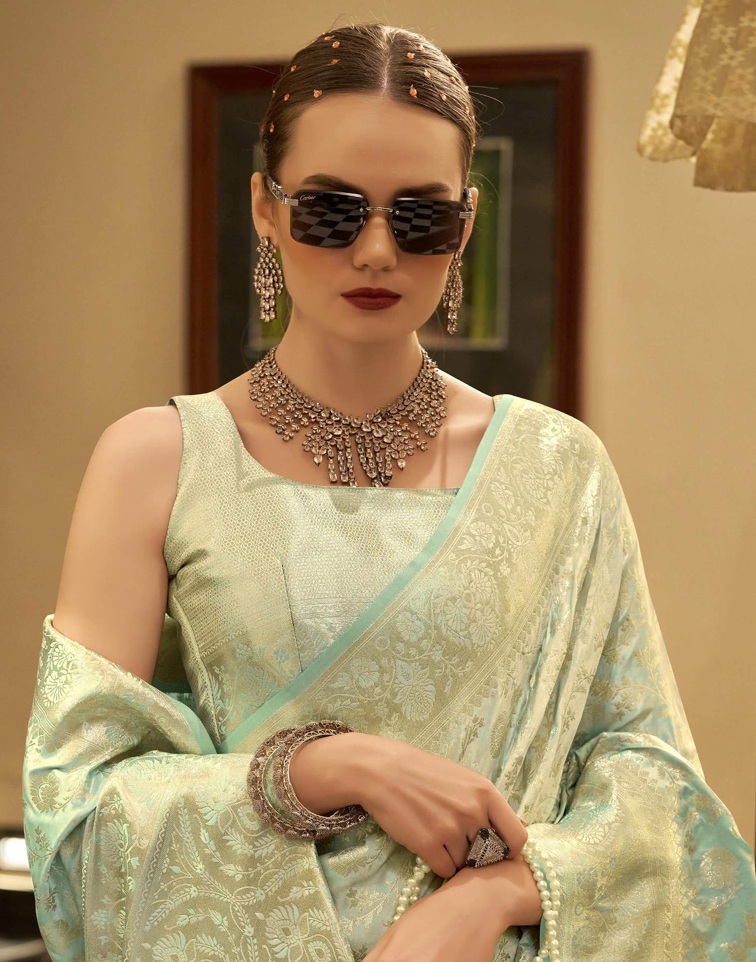 Mint Green Satin Woven Banarasi Saree - Image 4