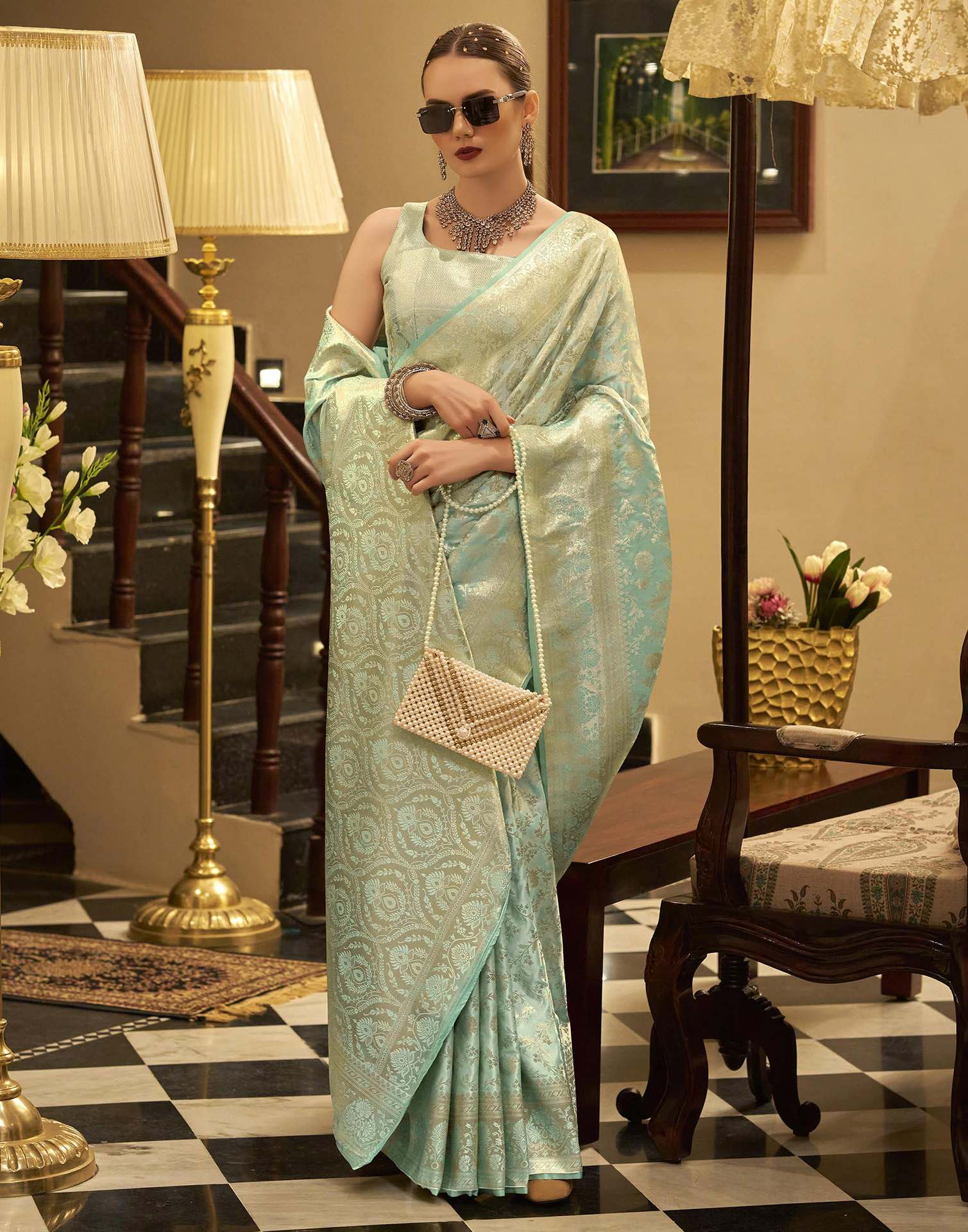 Mint Green Satin Woven Banarasi Saree - Image 5