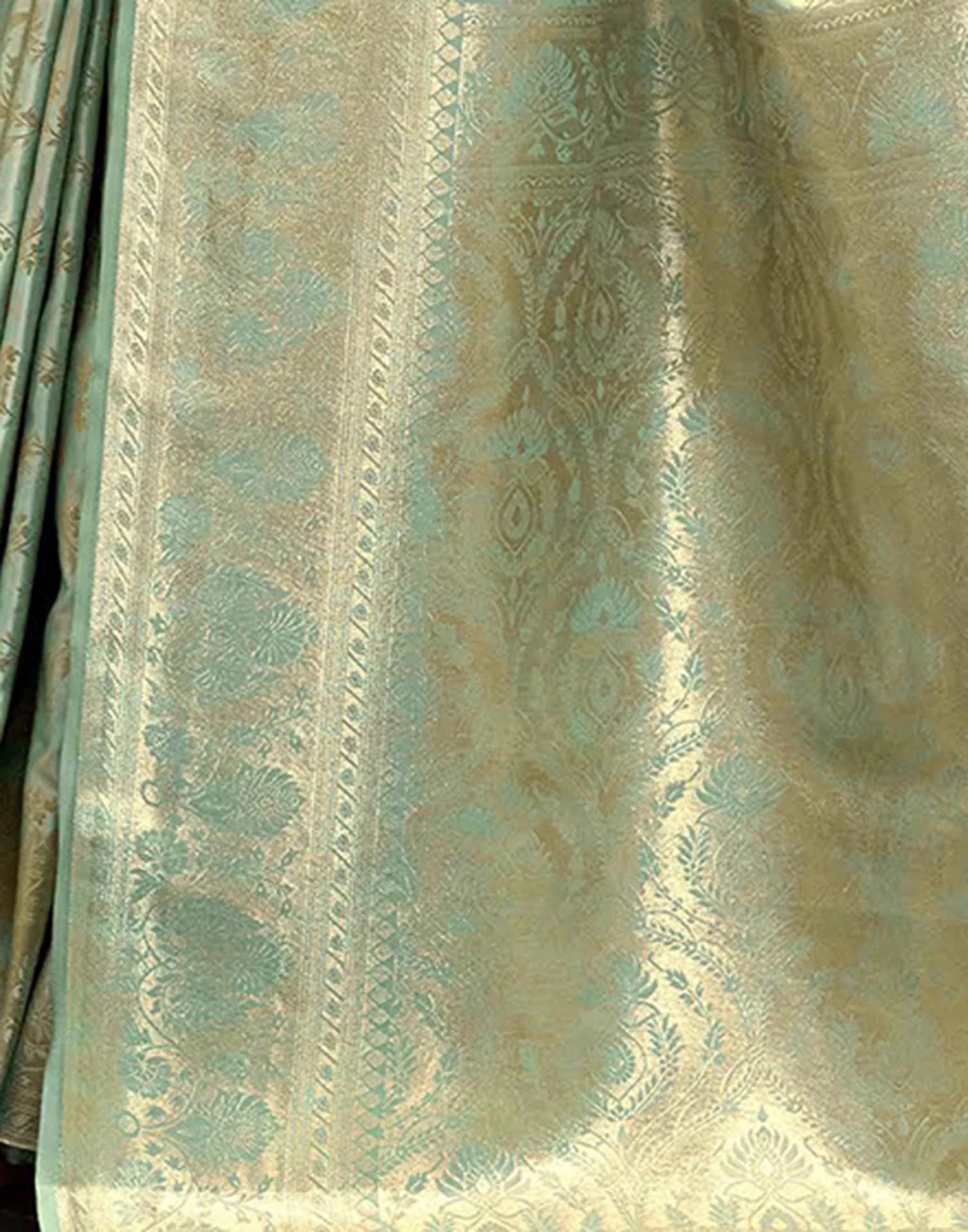 Mint Green Satin Woven Banarasi Saree - Image 6