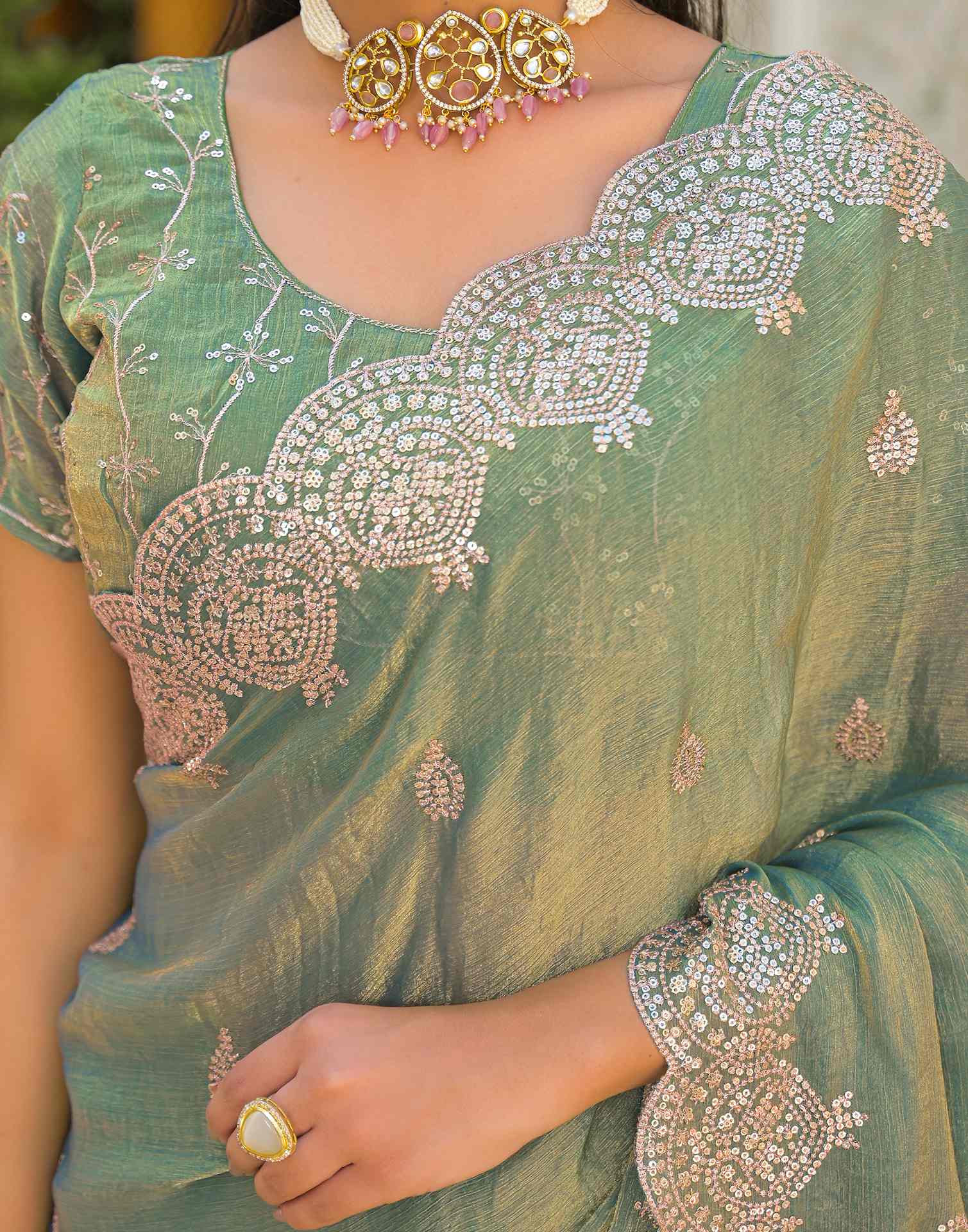 Mint Green Shimmer Chiffon Sequence Embroidery saree - Image 11