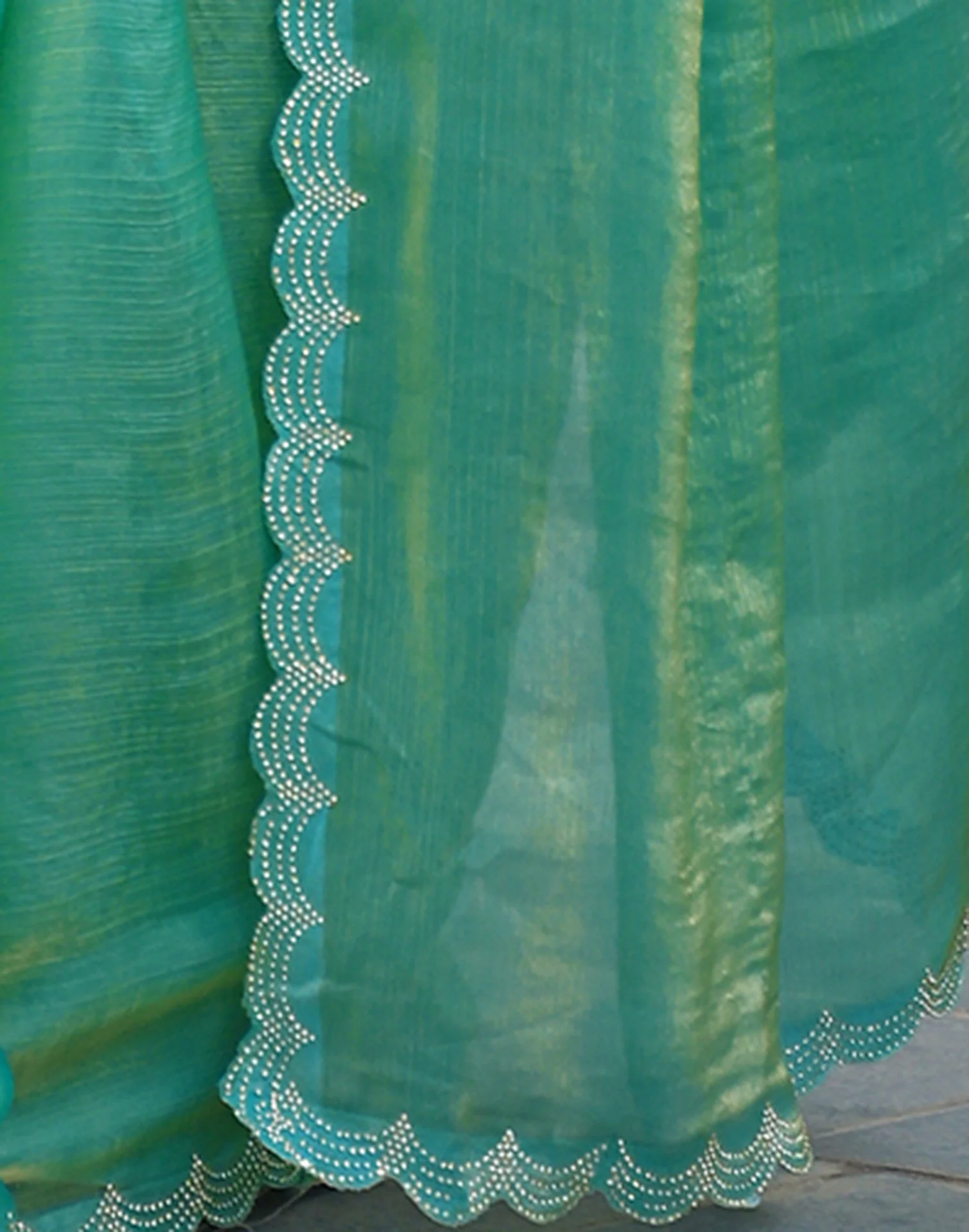 Mint Green Shimmer Chiffon Stone Work Swarovski saree - Image 7