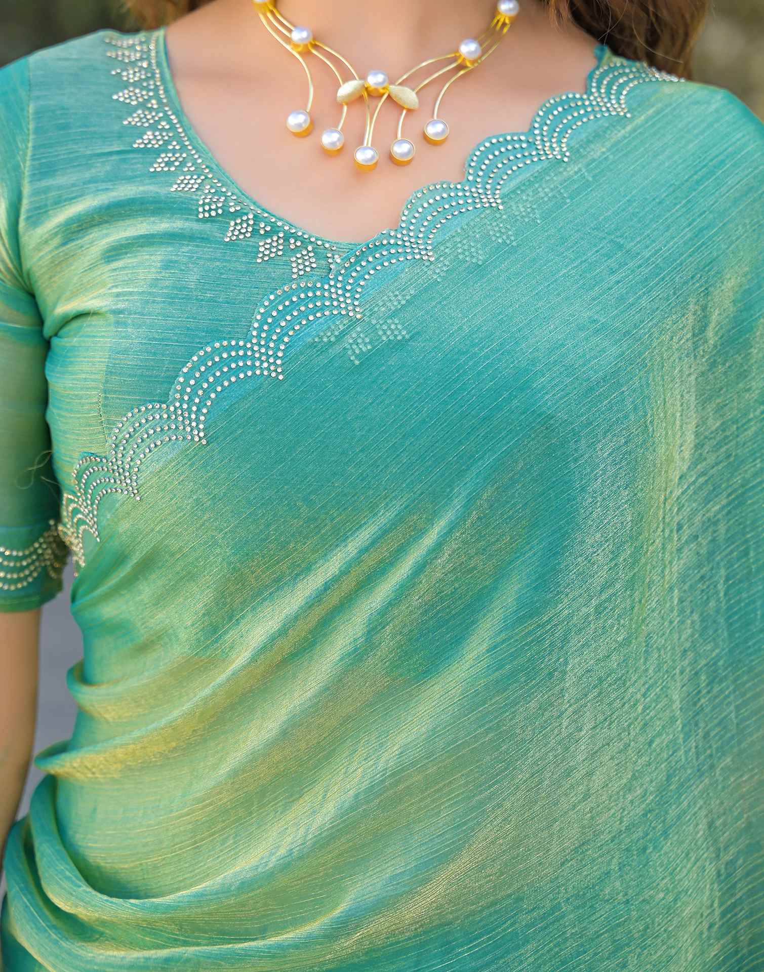 Mint Green Shimmer Chiffon Stone Work Swarovski saree - Image 9