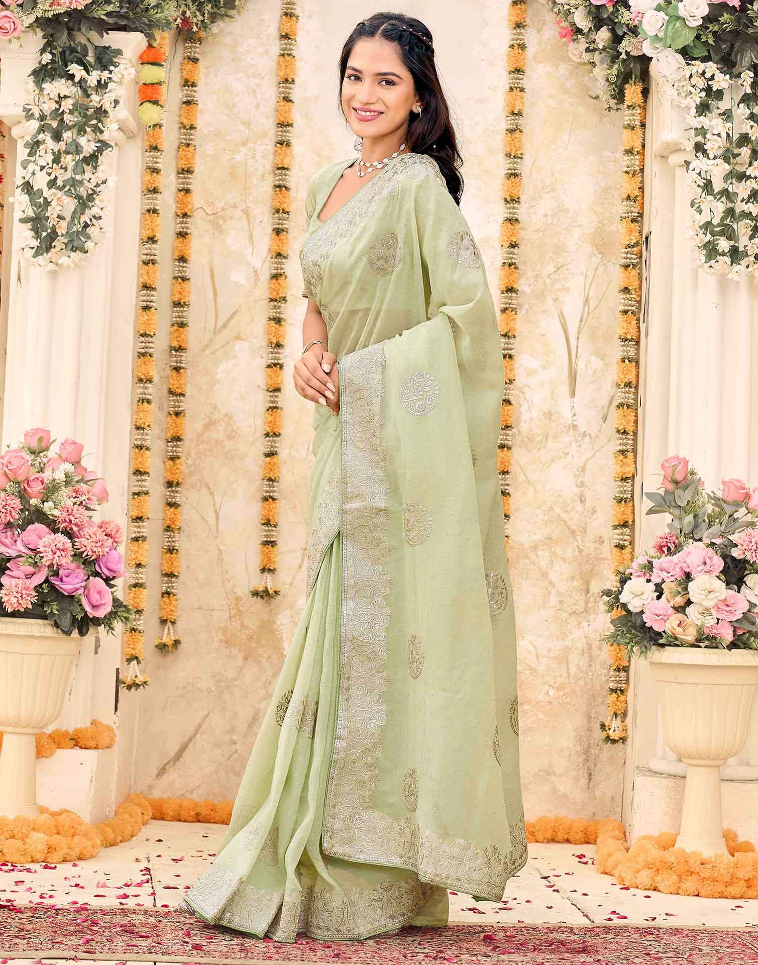 Mint Green Shimmer Embroidery Embellished Saree - Image 4