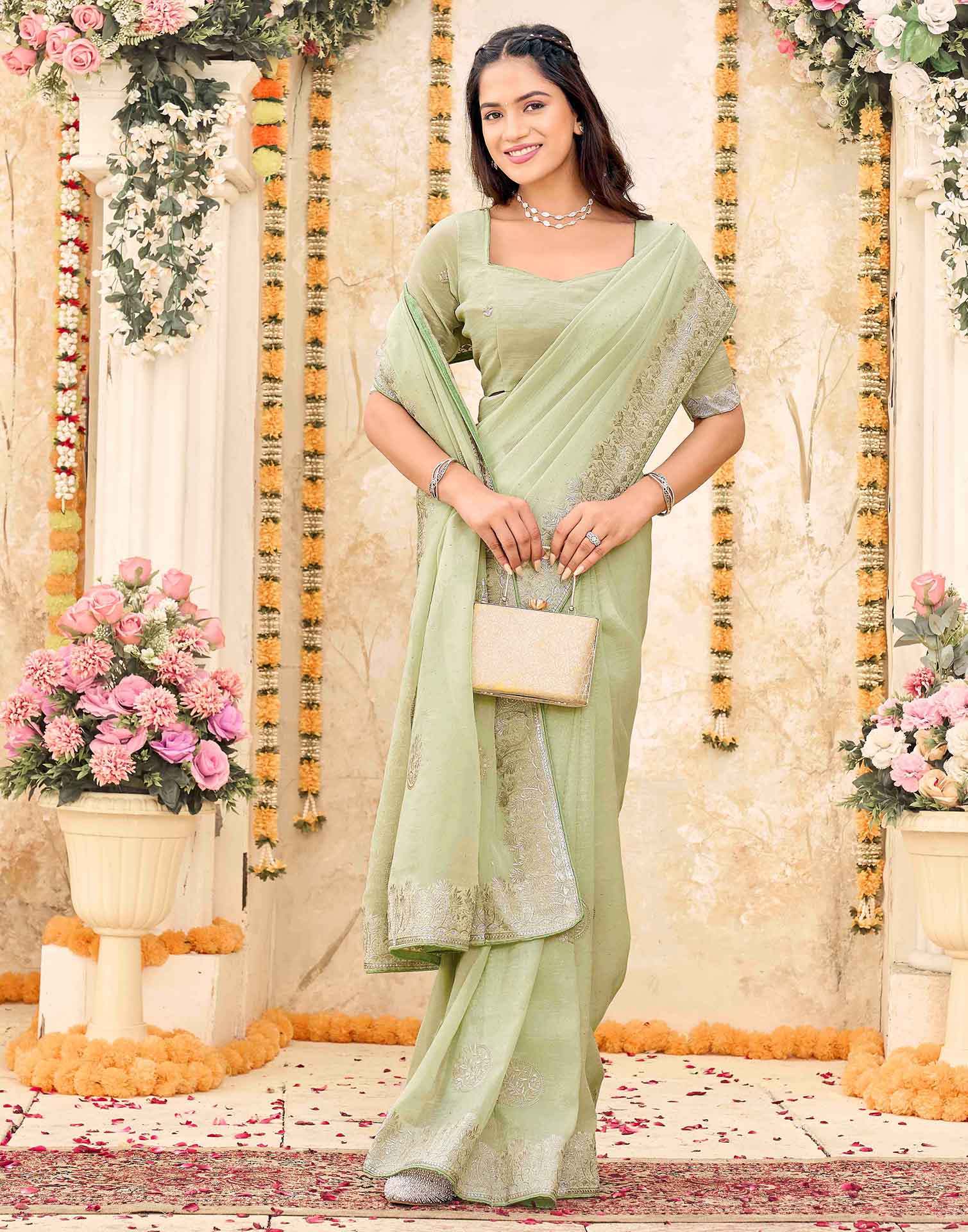 Mint Green Shimmer Embroidery Embellished Saree - Image 5