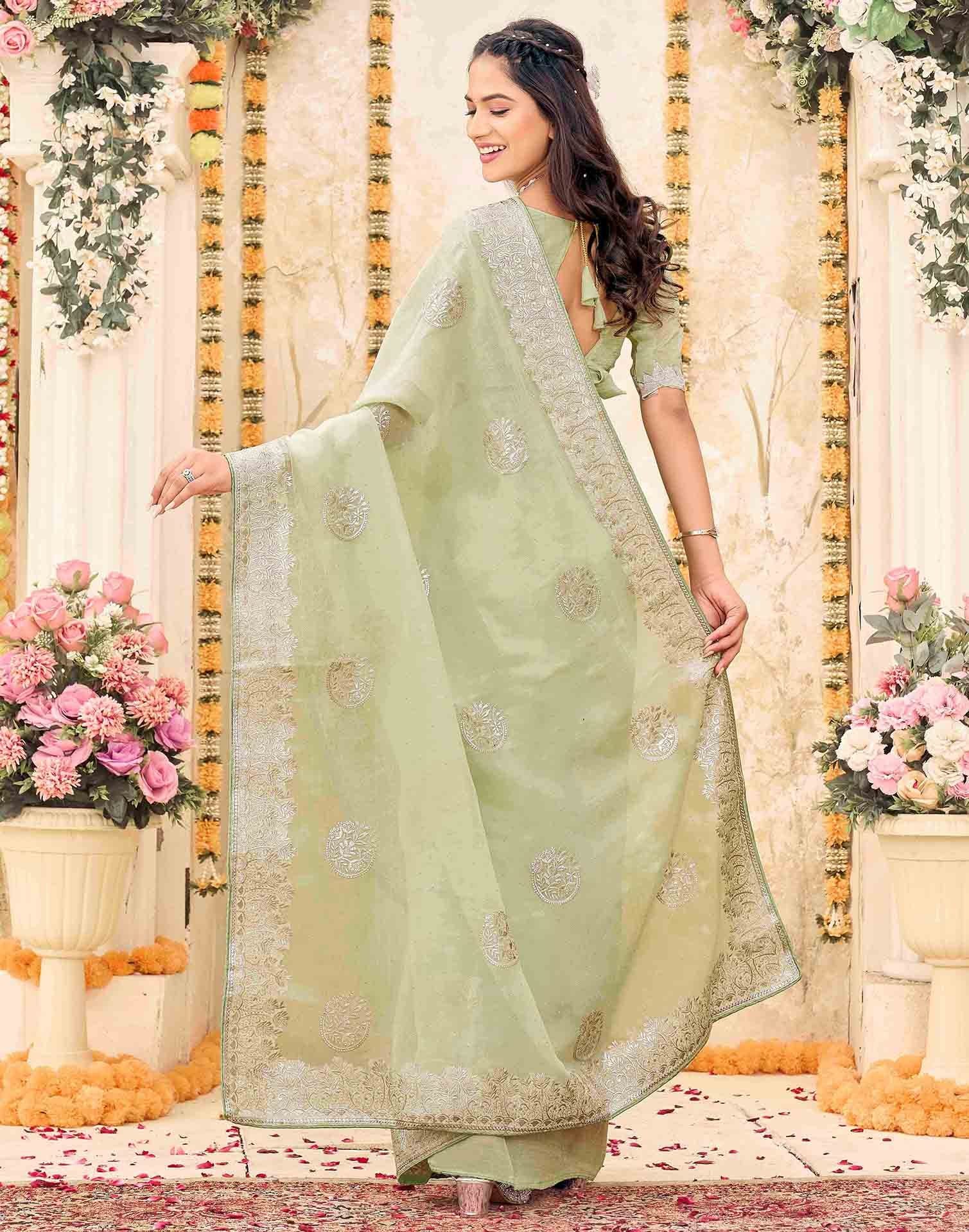Mint Green Shimmer Embroidery Embellished Saree - Image 6