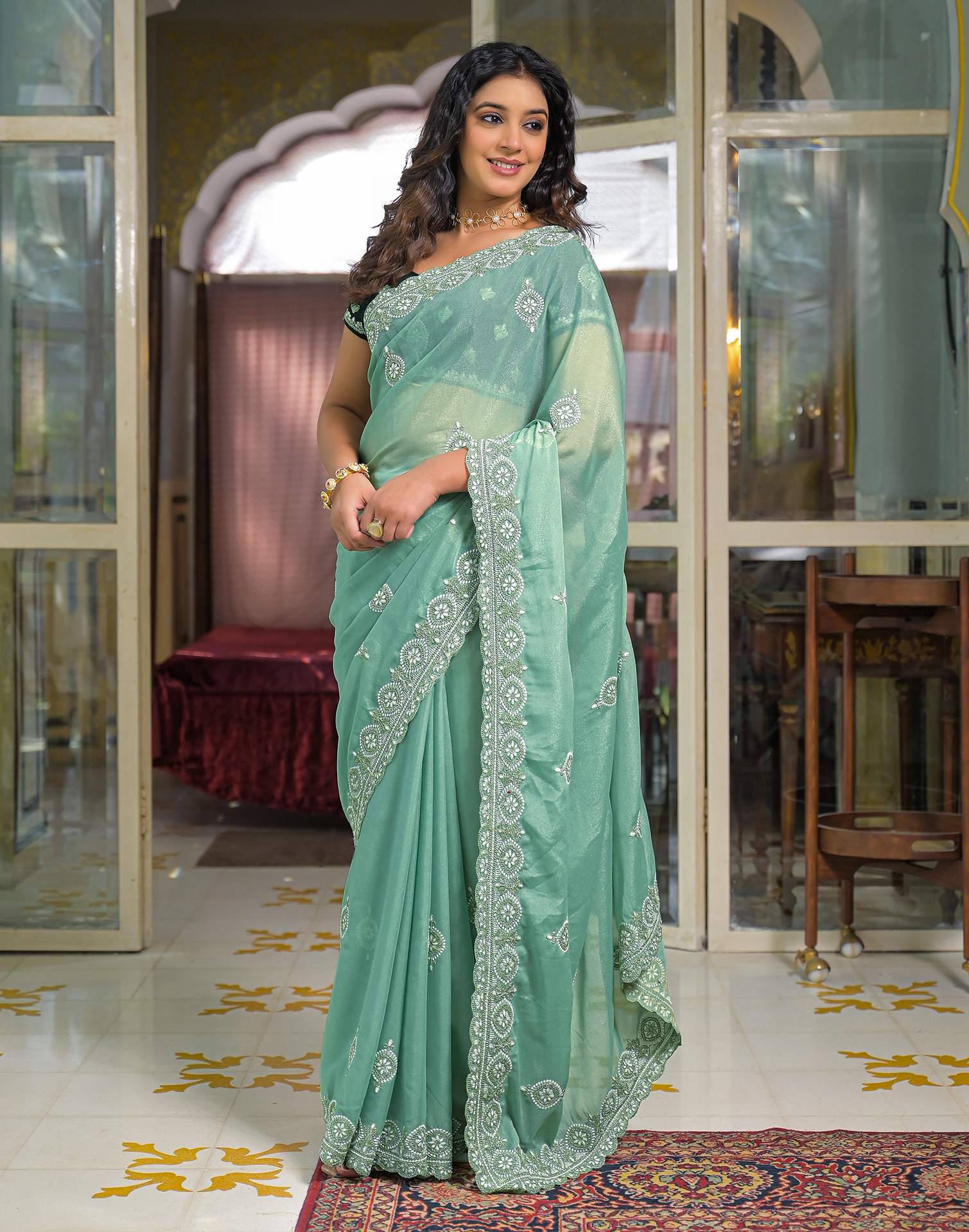 Mint Green Shimmer Embroidery Saree - Image 4