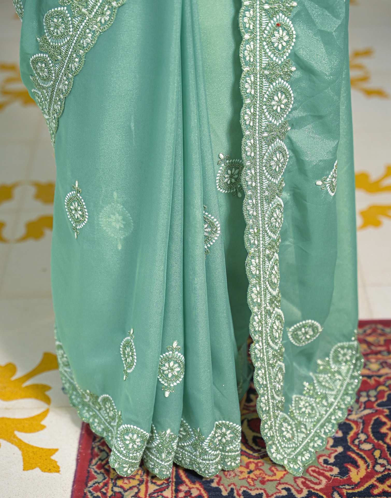 Mint Green Shimmer Embroidery Saree - Image 7
