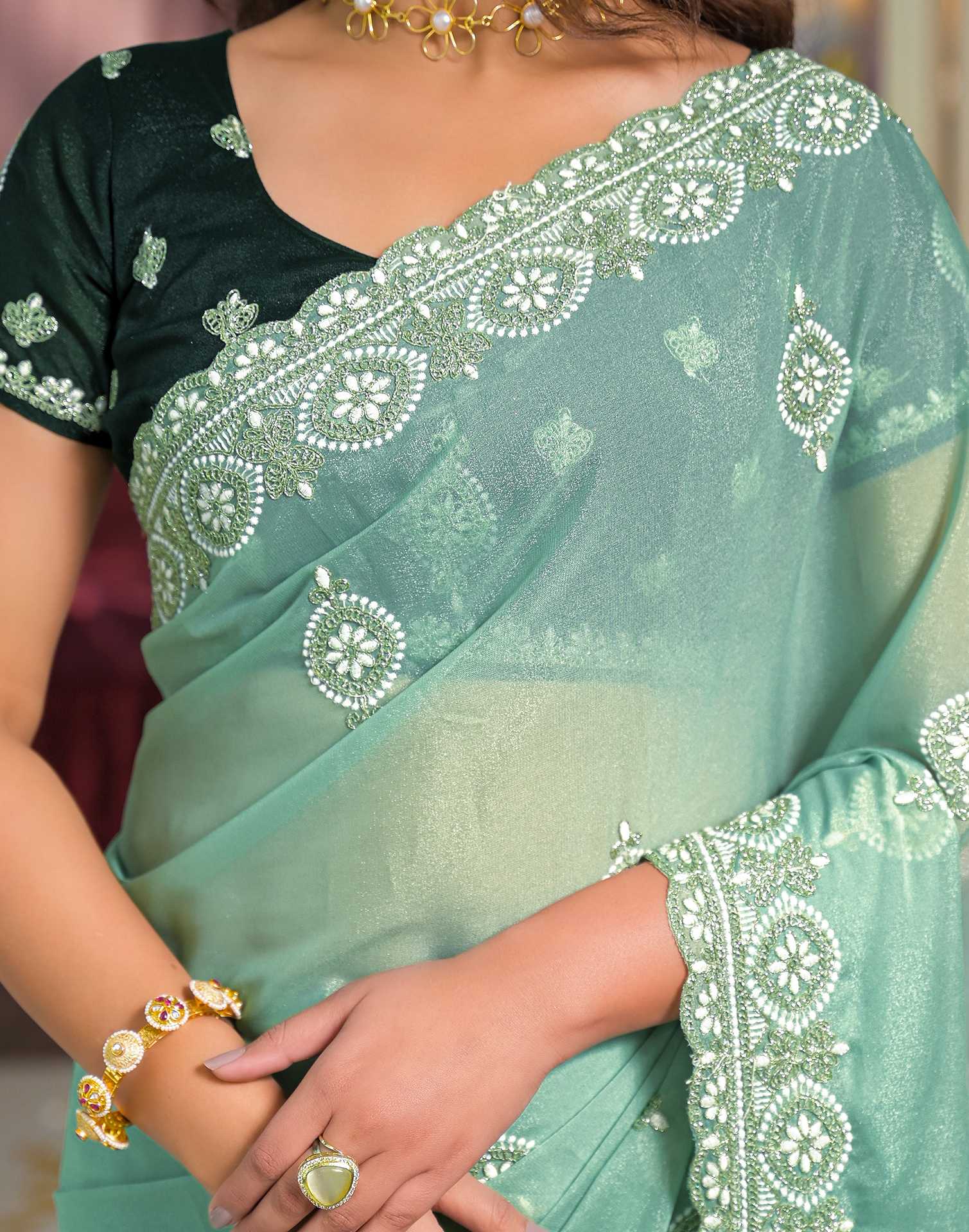 Mint Green Shimmer Embroidery Saree - Image 8