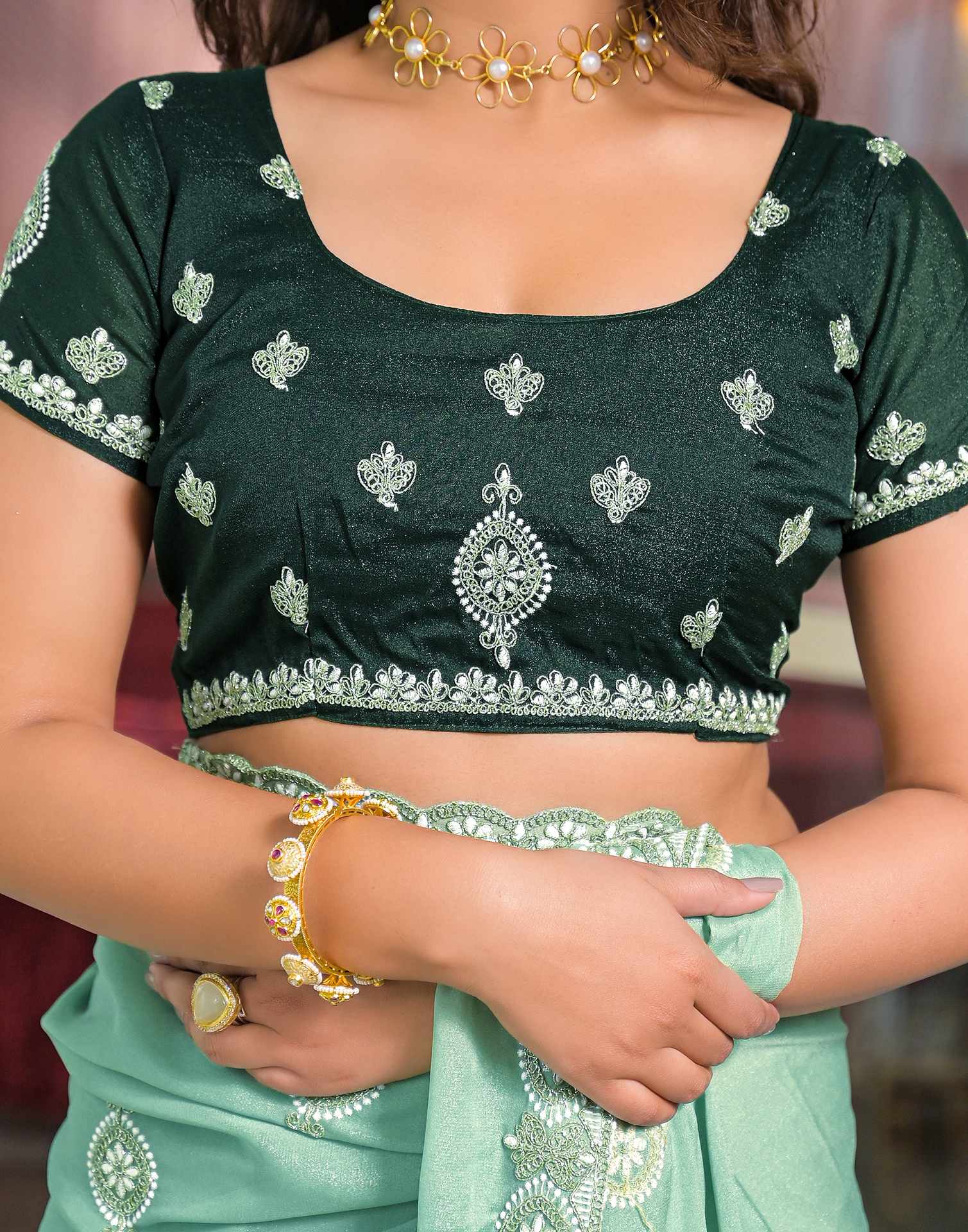 Mint Green Shimmer Embroidery Saree - Image 9