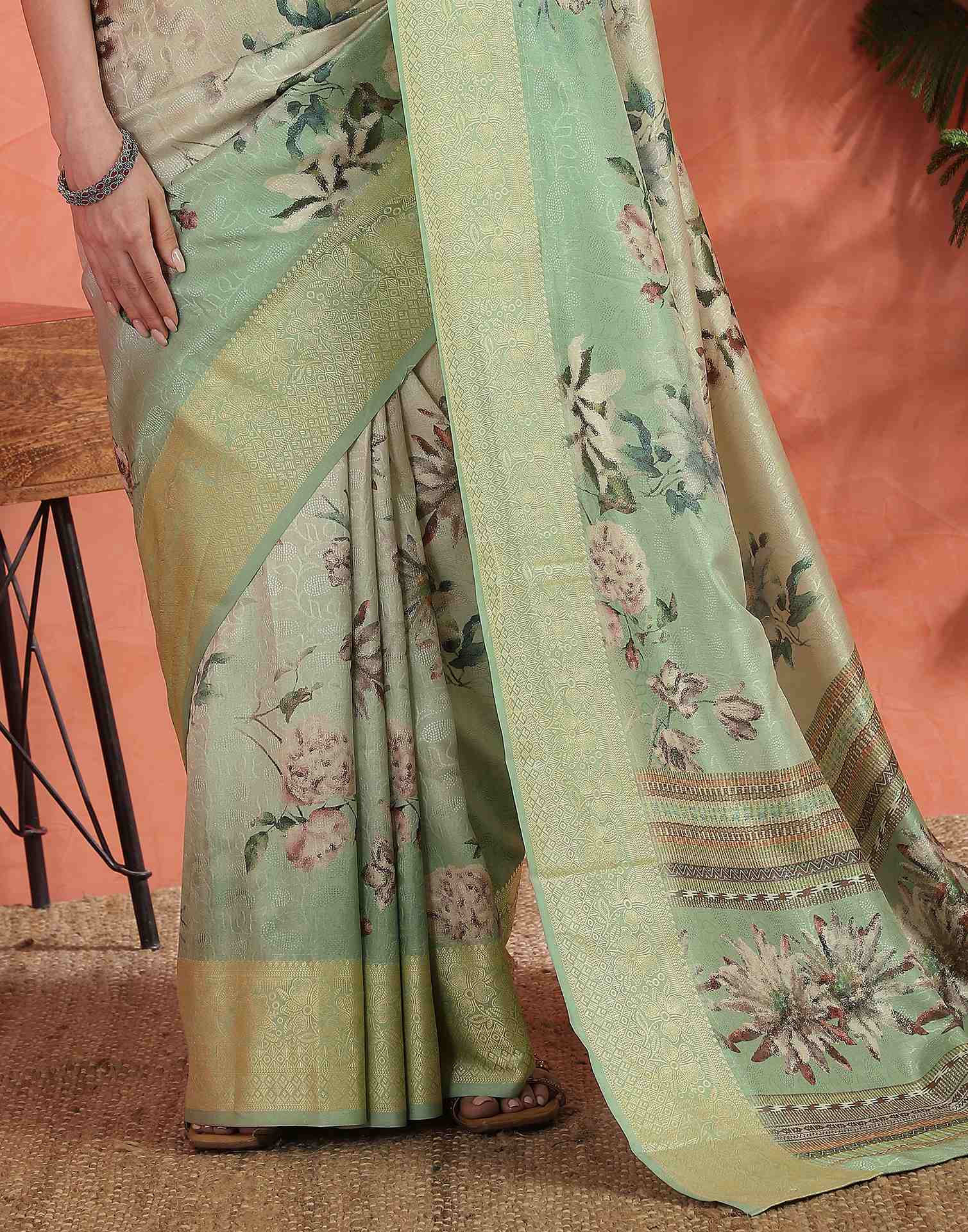 Mint Green Silk Printed Saree - Image 8