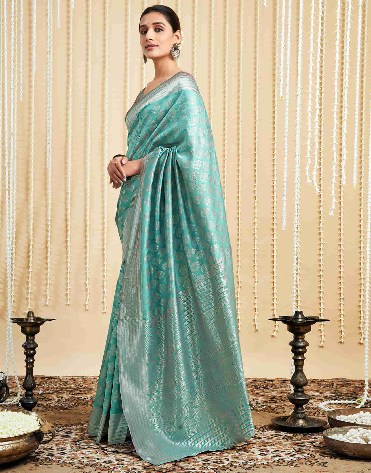 Mint Green Silk Woven Banarasi Saree - Image 4