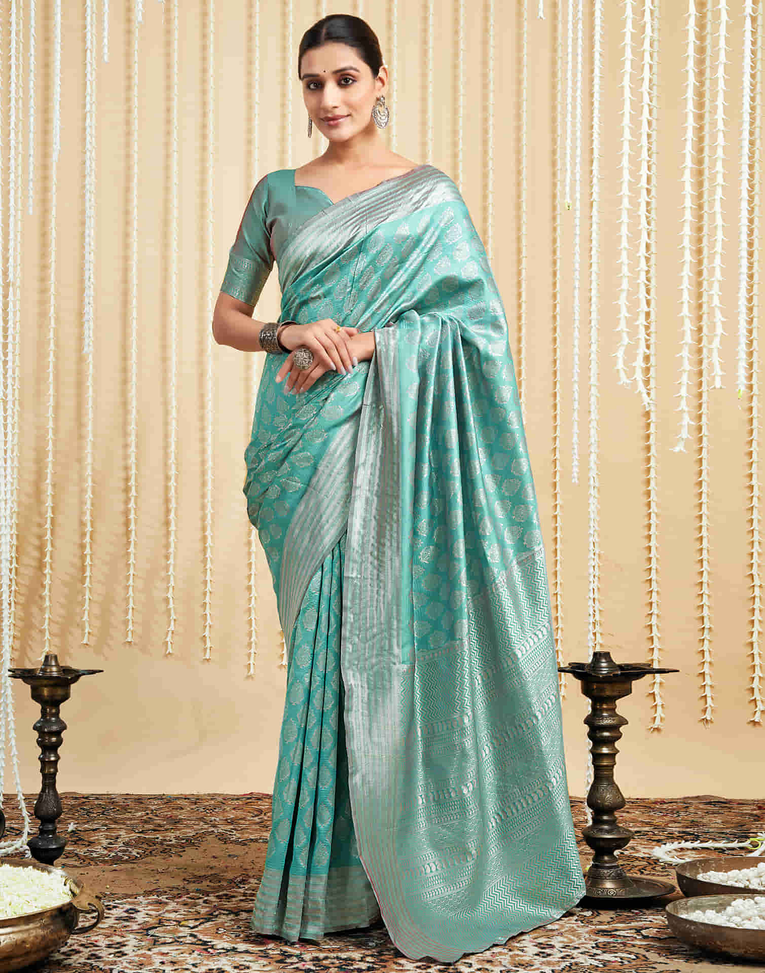 Mint Green Silk Woven Banarasi Saree - Image 5