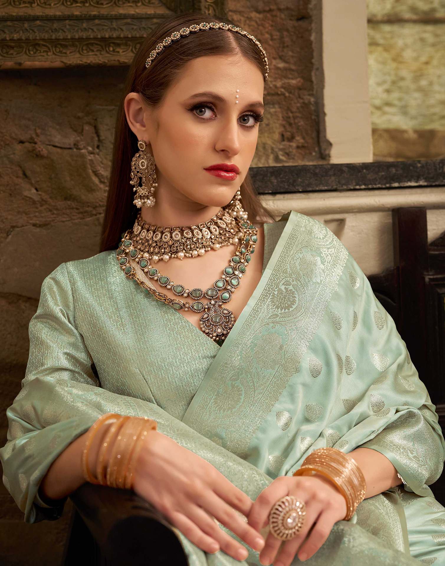 Mint Green Silk Woven Banarasi Saree - Image 2