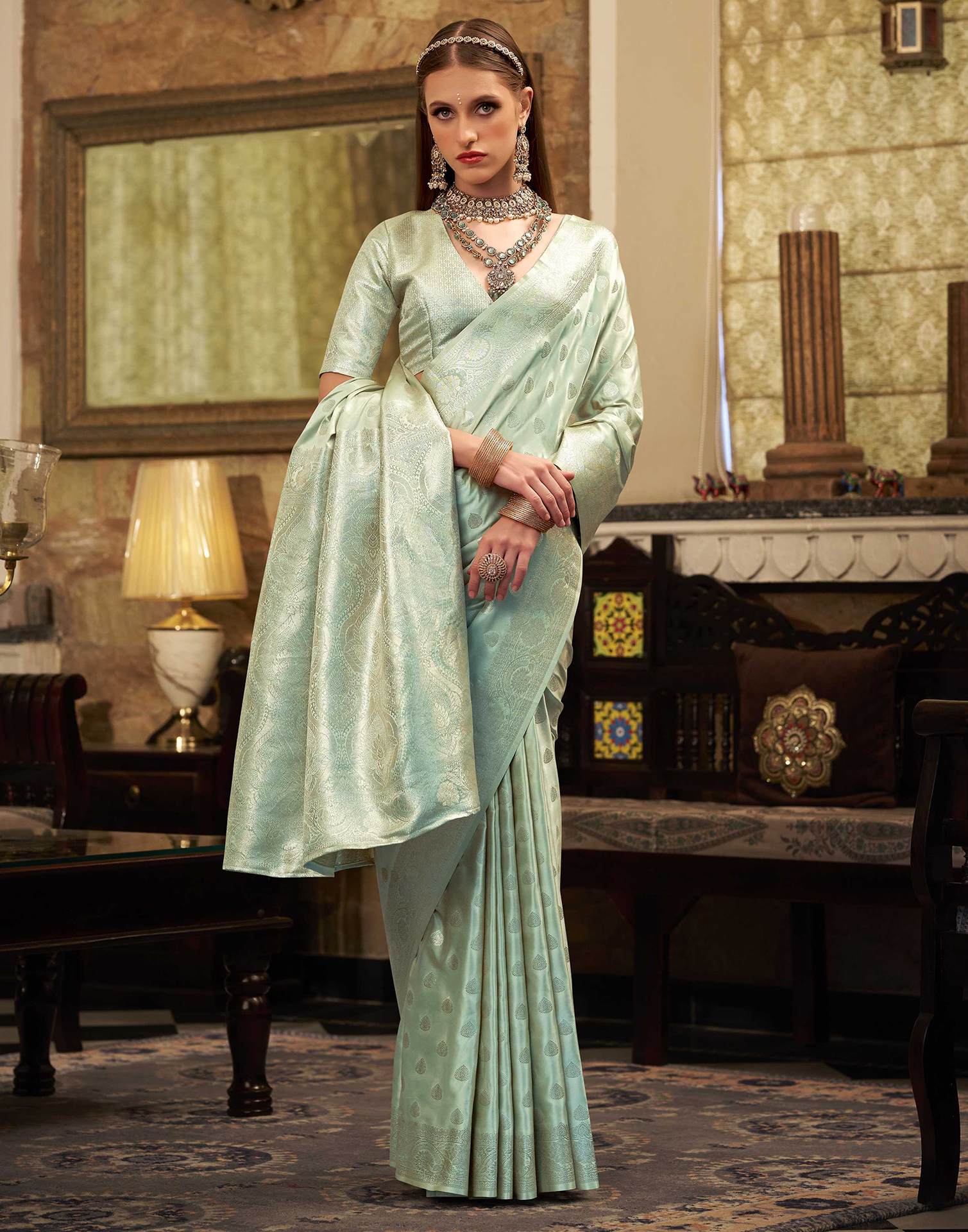 Mint Green Silk Woven Banarasi Saree - Image 5