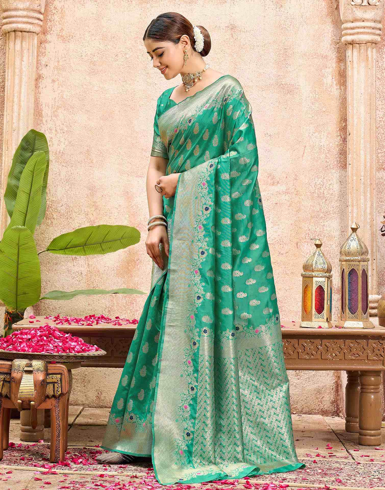Mint Green Silk Woven Banarasi Saree - Image 4