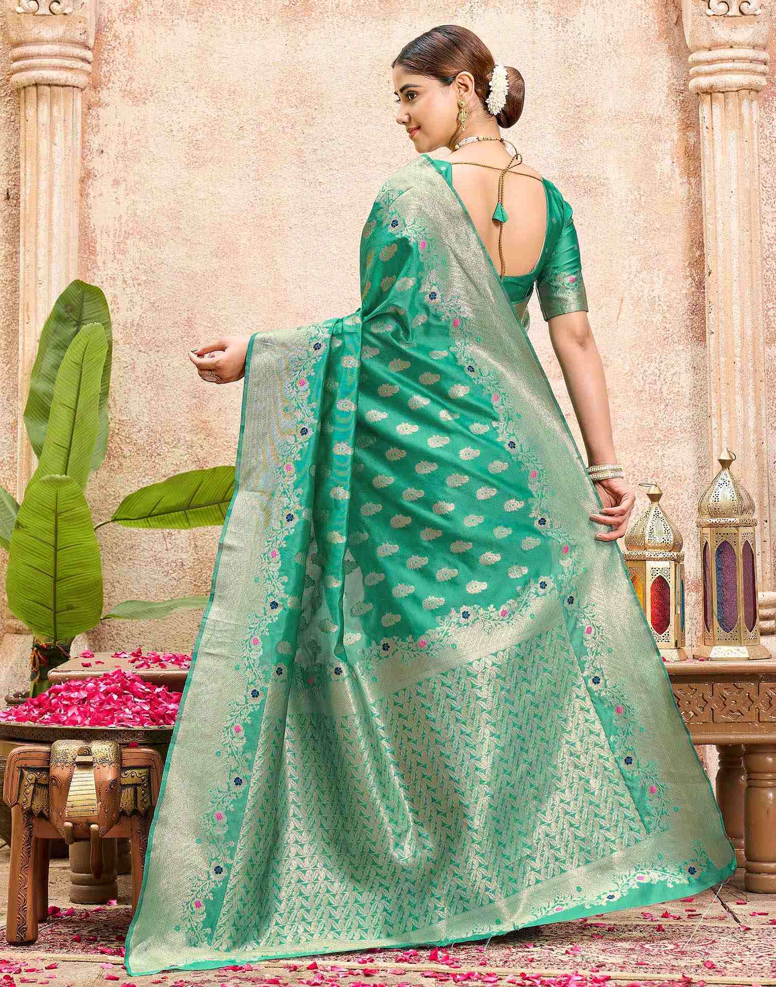 Mint Green Silk Woven Banarasi Saree - Image 6