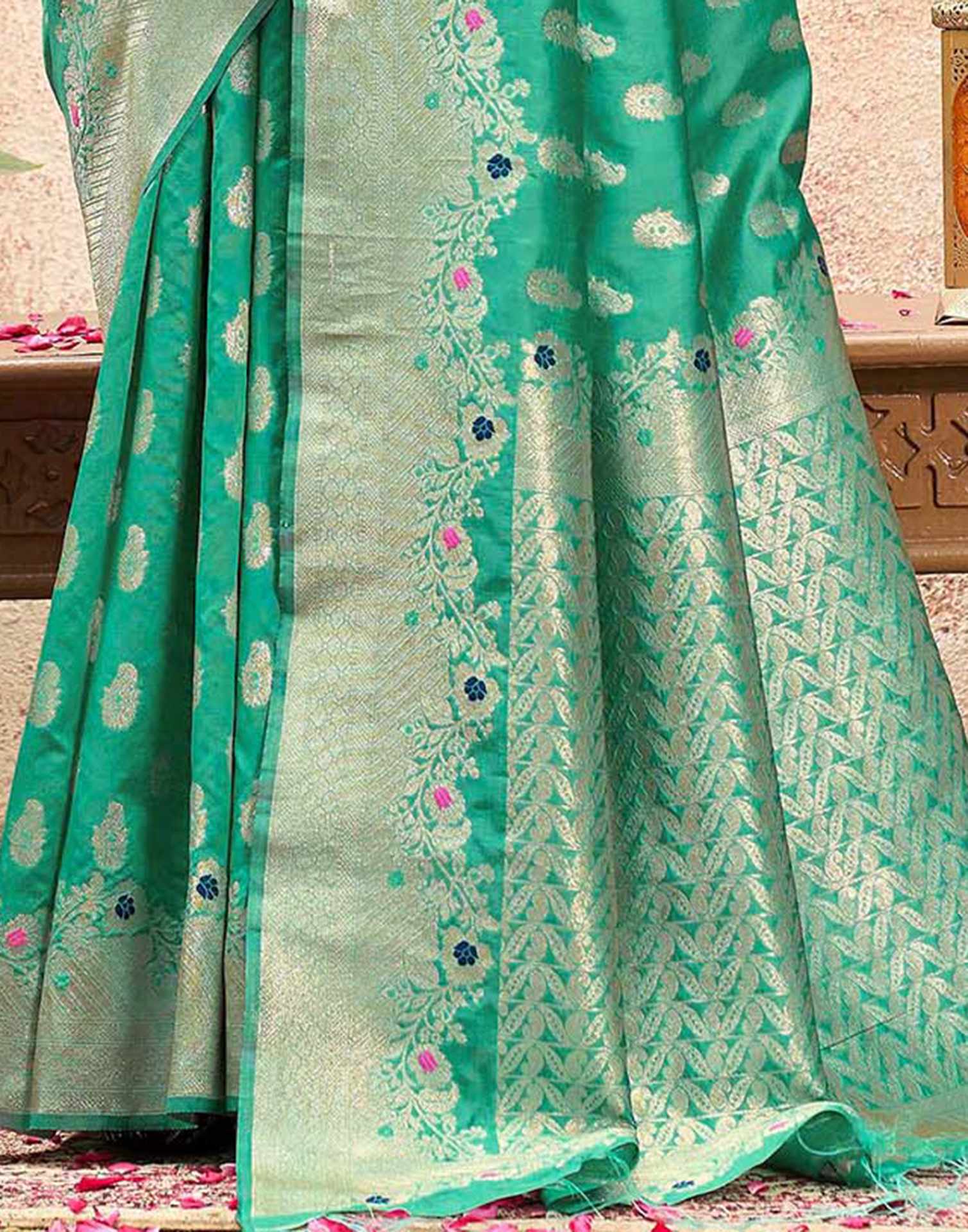 Mint Green Silk Woven Banarasi Saree - Image 7