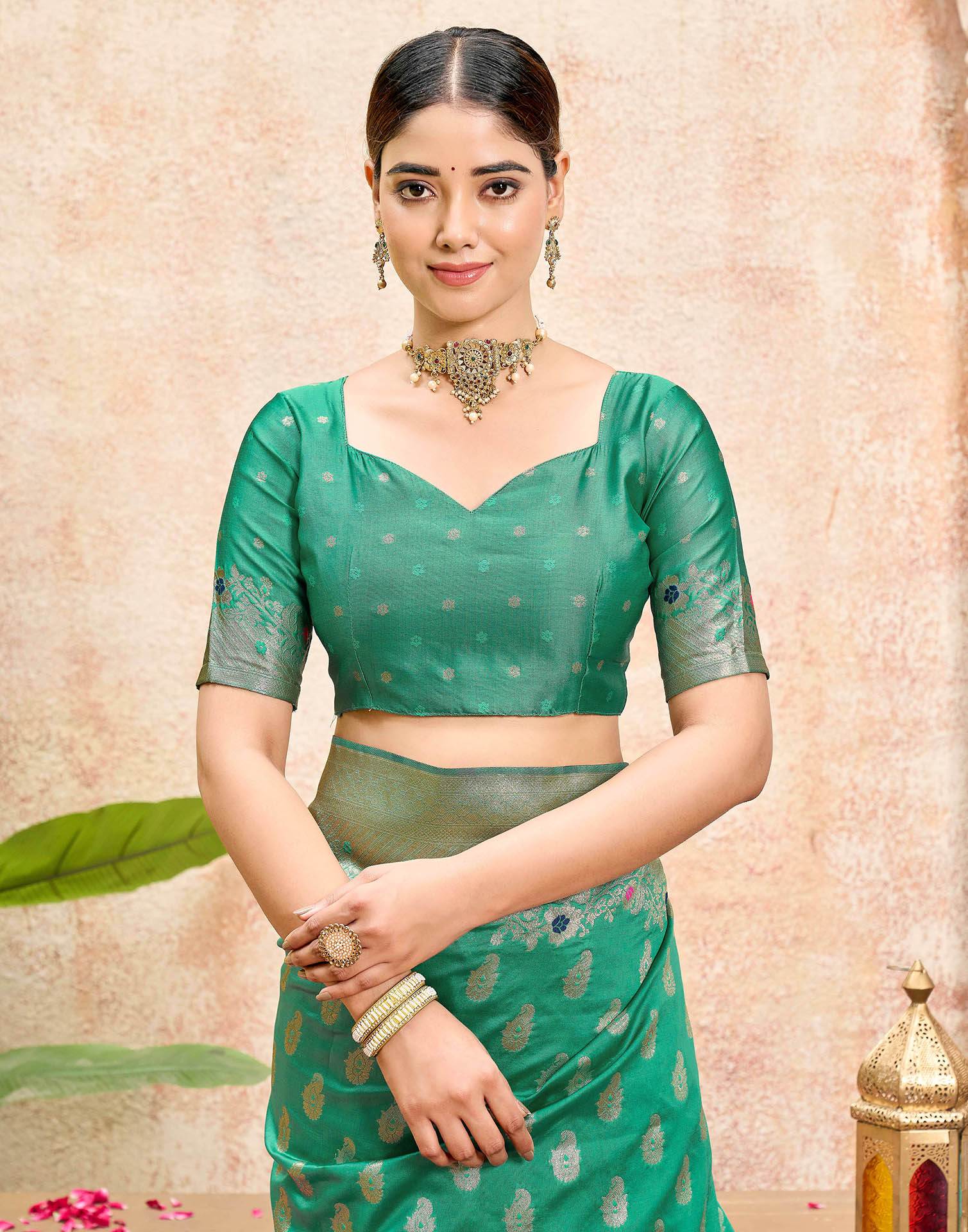 Mint Green Silk Woven Banarasi Saree - Image 8