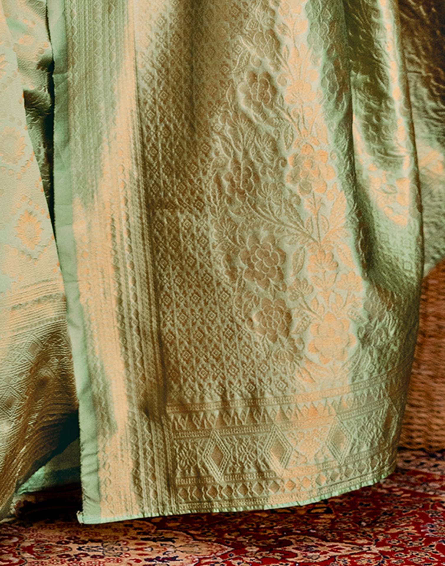 Mint Green Silk Woven Banarasi Saree - Image 10