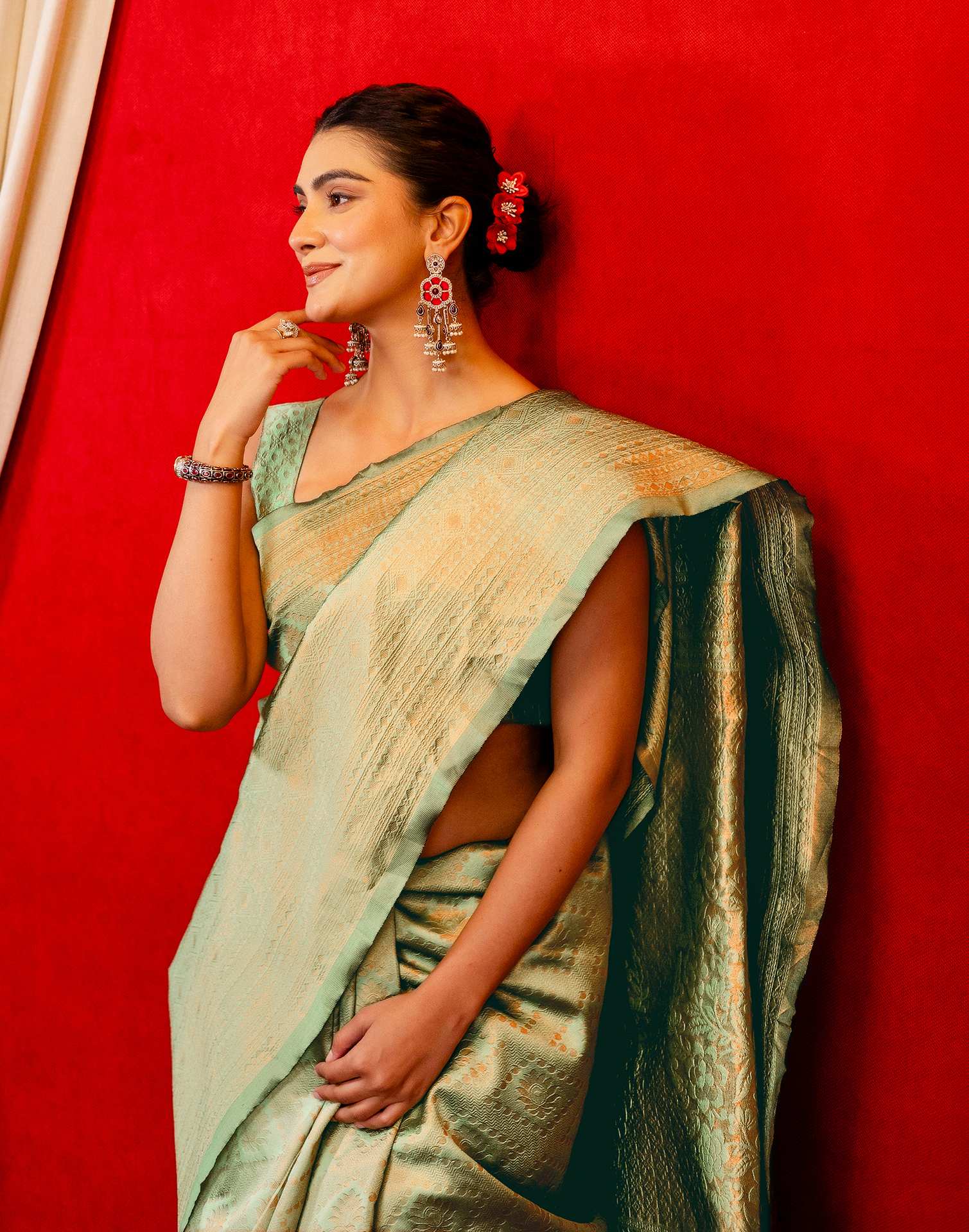 Mint Green Silk Woven Banarasi Saree - Image 2