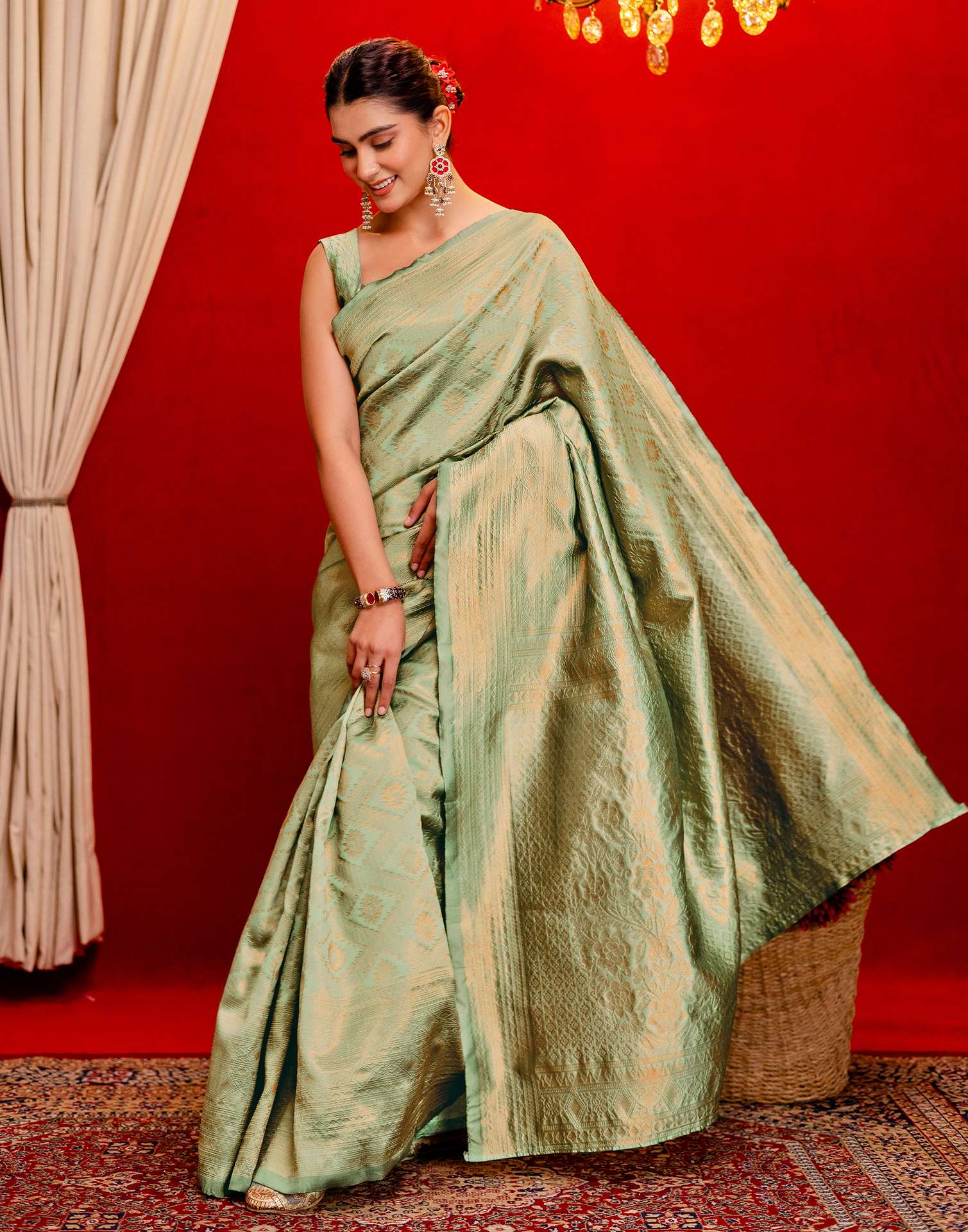 Mint Green Silk Woven Banarasi Saree - Image 5