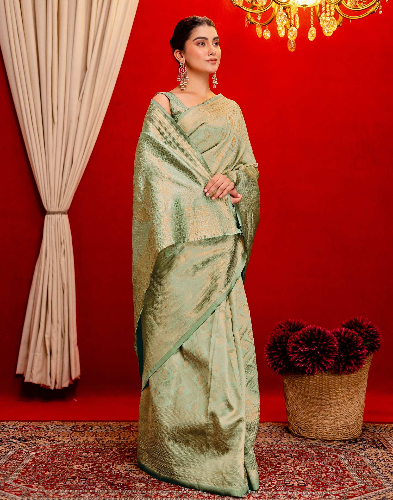 Mint Green Silk Woven Banarasi Saree - Image 6