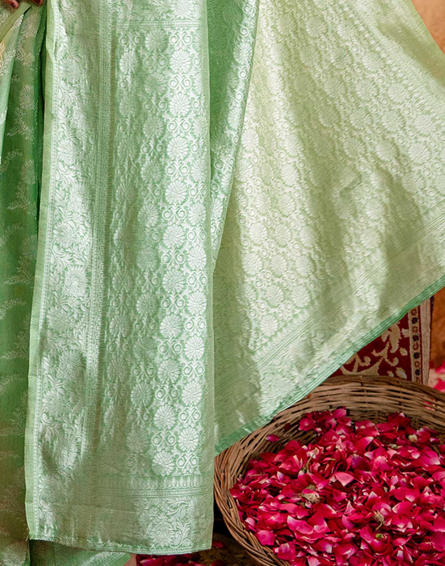 Mint Green Silk Woven Banarasi Saree - Image 10