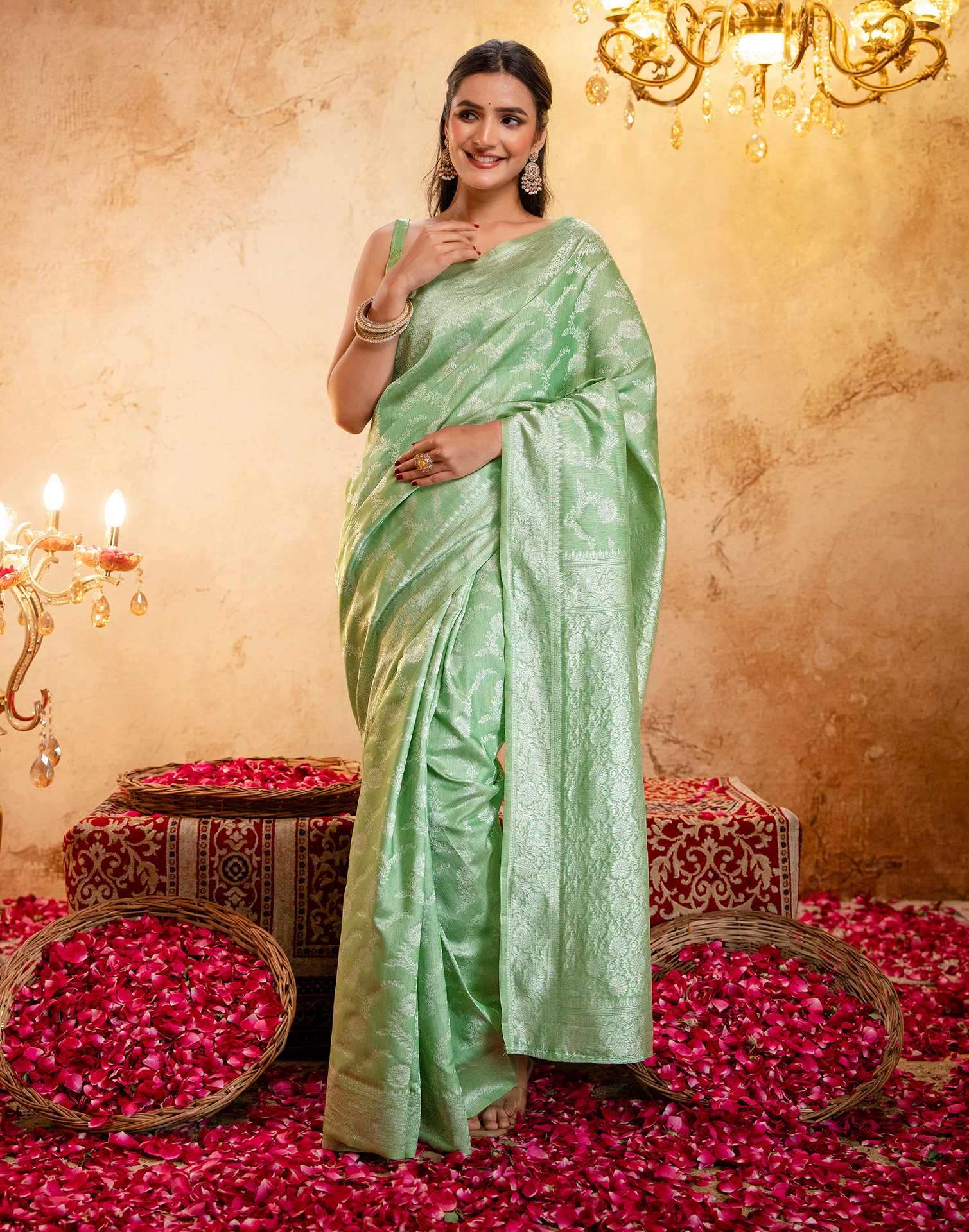 Mint Green Silk Woven Banarasi Saree - Image 8
