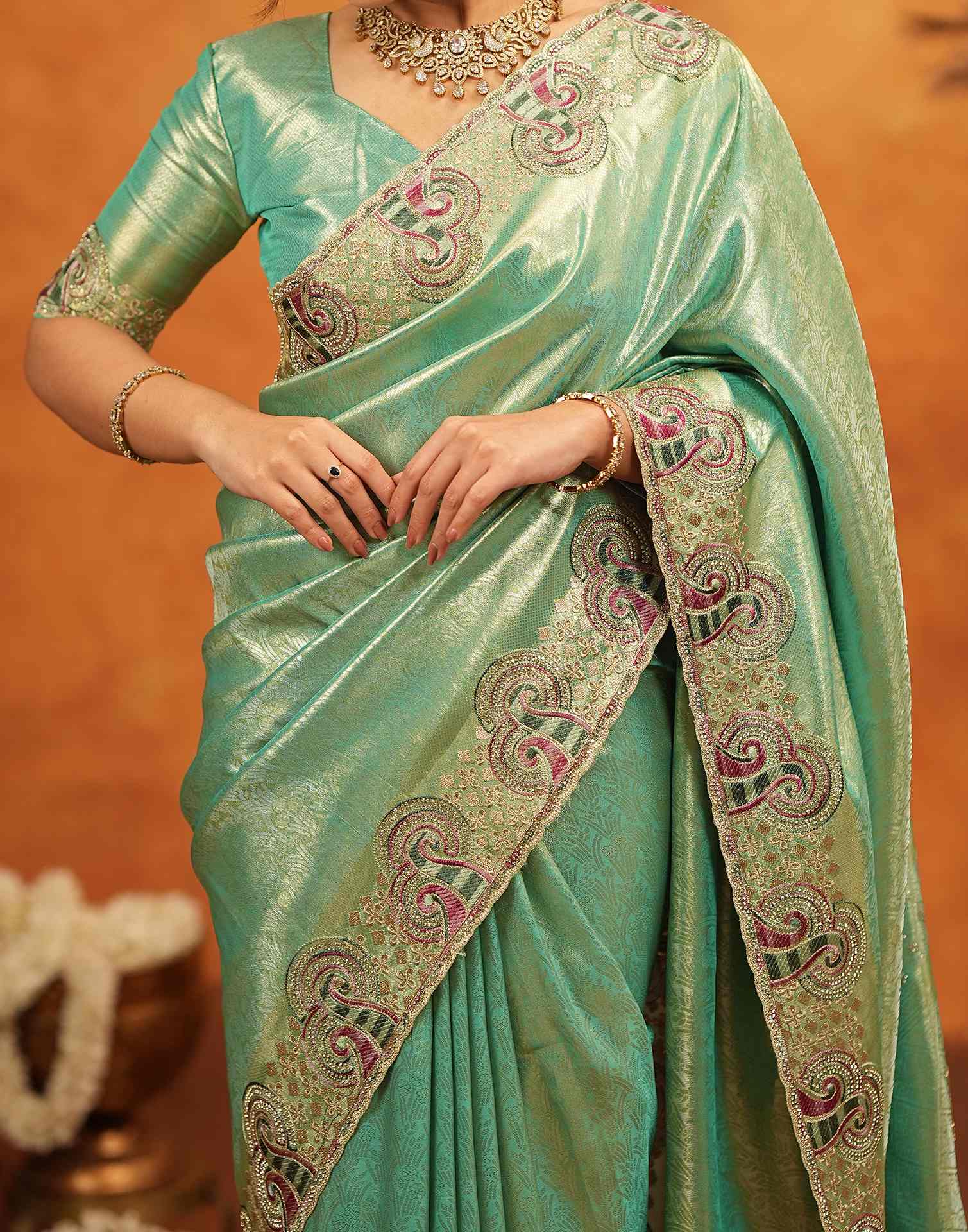 Mint Green Silk Woven Embroidery Stone Work Banarasi Saree - Image 13