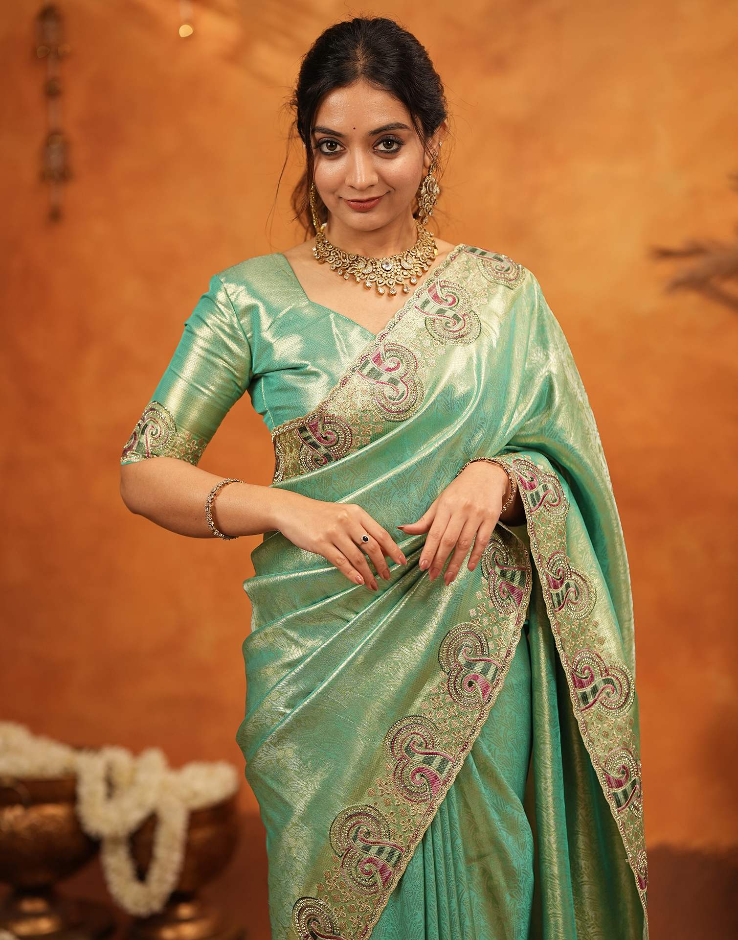 Mint Green Silk Woven Embroidery Stone Work Banarasi Saree - Image 2