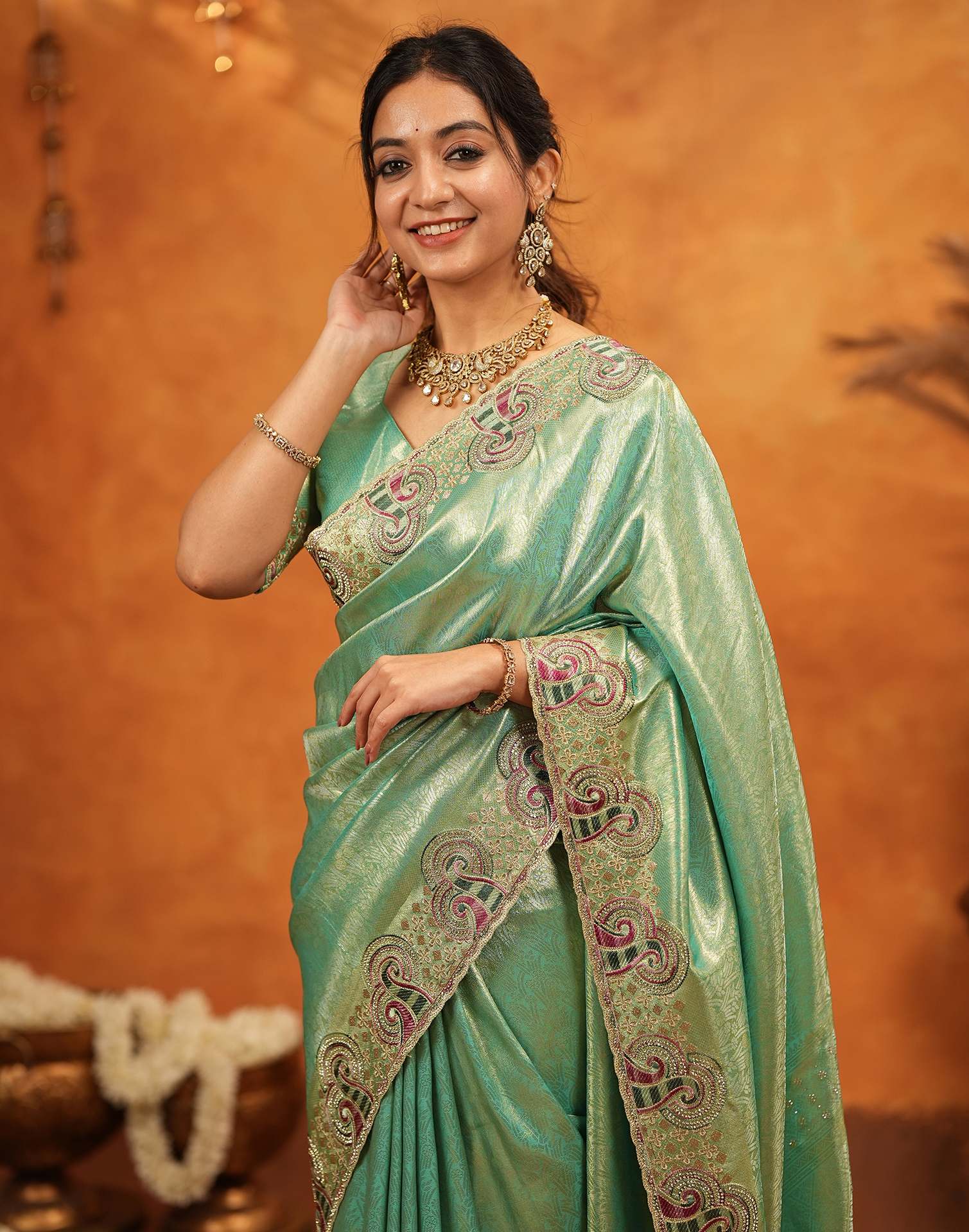 Mint Green Silk Woven Embroidery Stone Work Banarasi Saree - Image 4