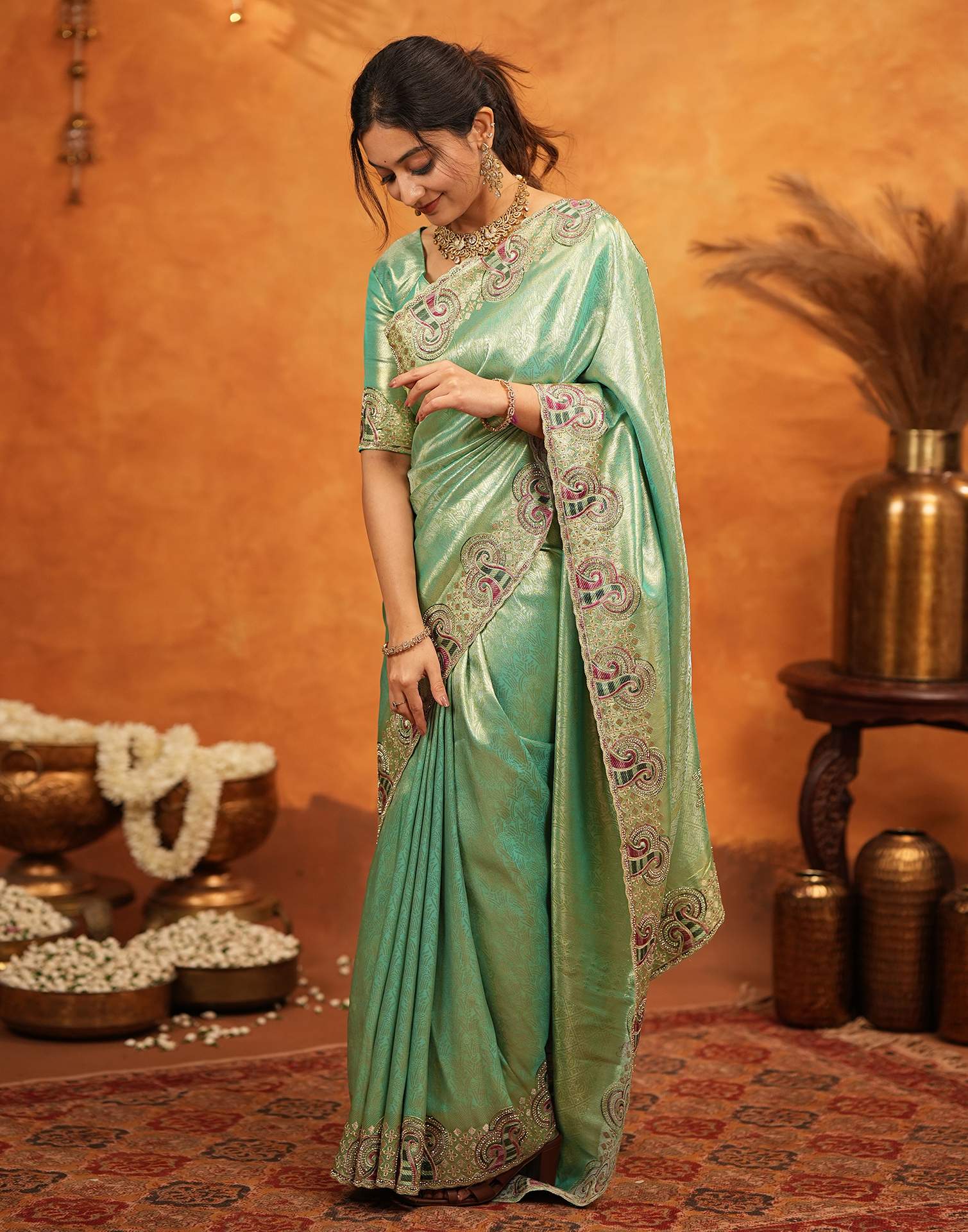 Mint Green Silk Woven Embroidery Stone Work Banarasi Saree - Image 5