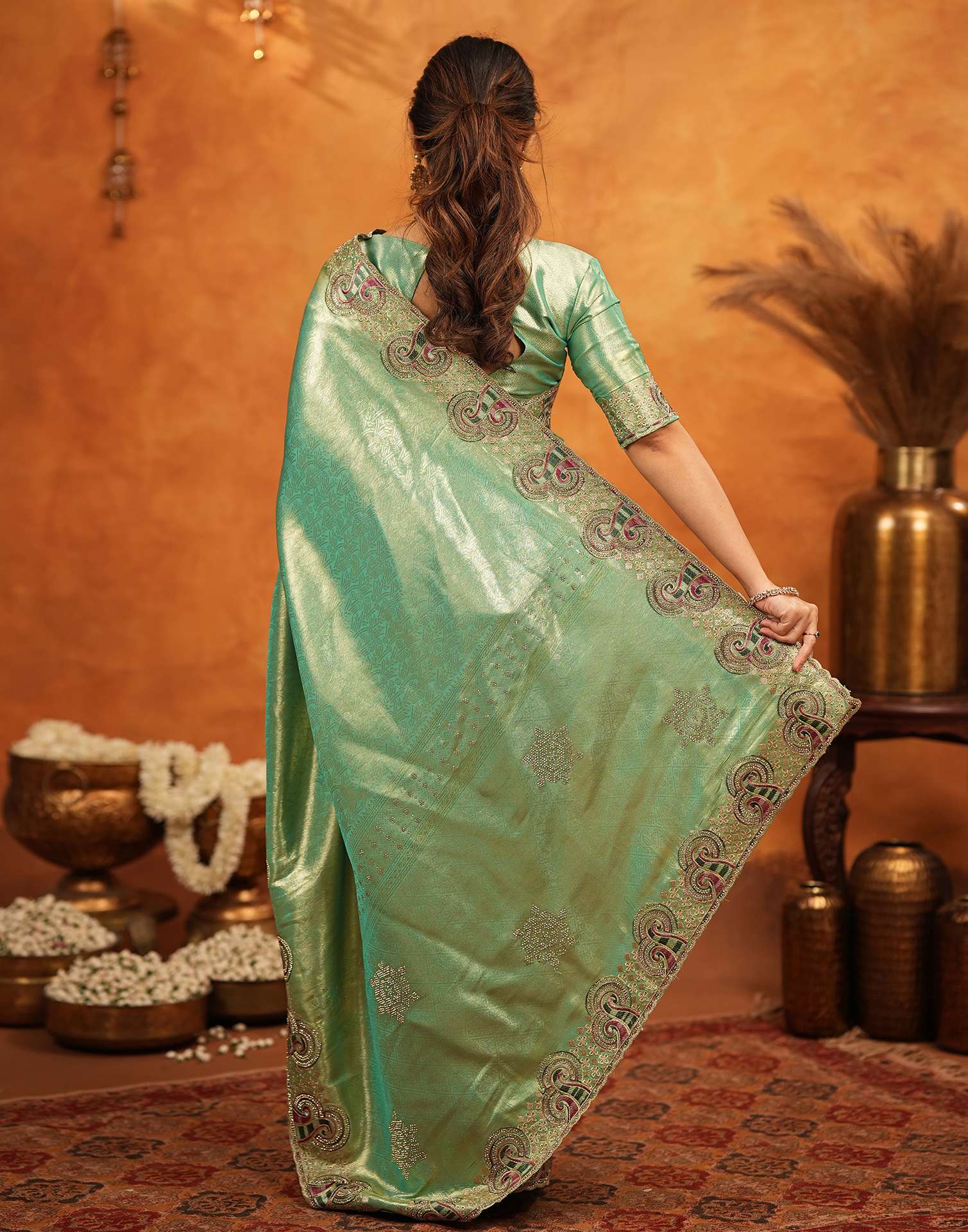 Mint Green Silk Woven Embroidery Stone Work Banarasi Saree - Image 7