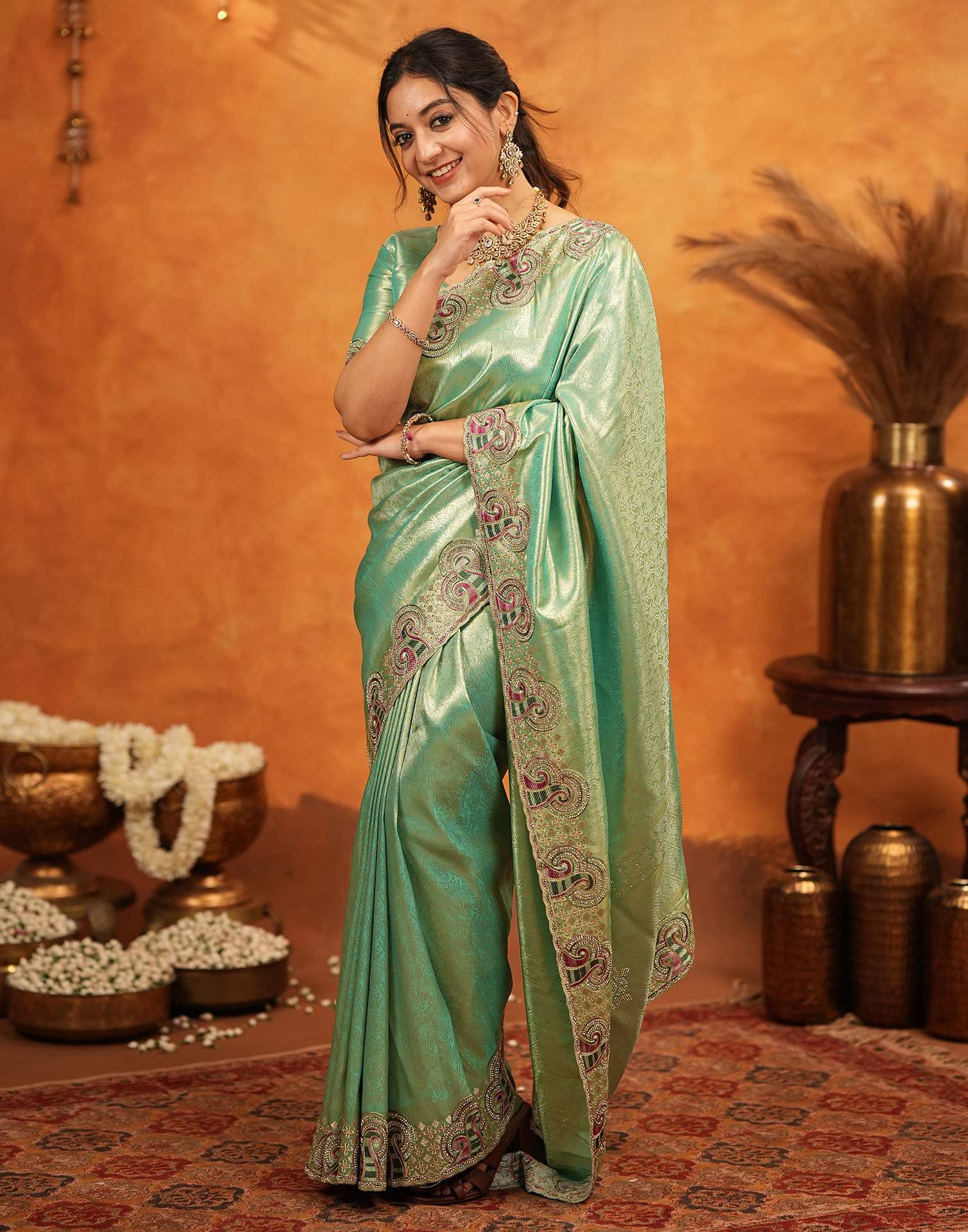 Mint Green Silk Woven Embroidery Stone Work Banarasi Saree - Image 9