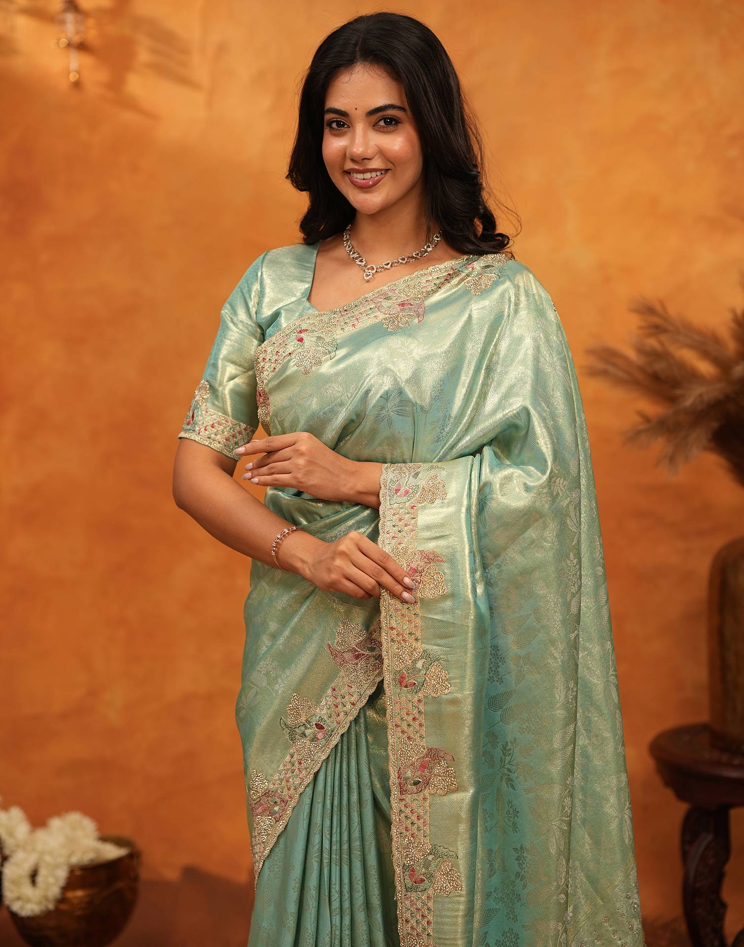 Mint Green Silk Woven Embroidery Stone Work Banarasi Saree - Image 10
